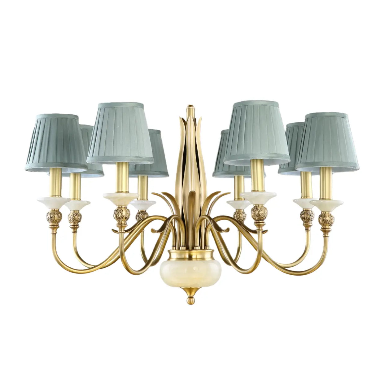 Vintage Brass Branch Curved Arm Blue Fabric Shade Chandelier Image - 8