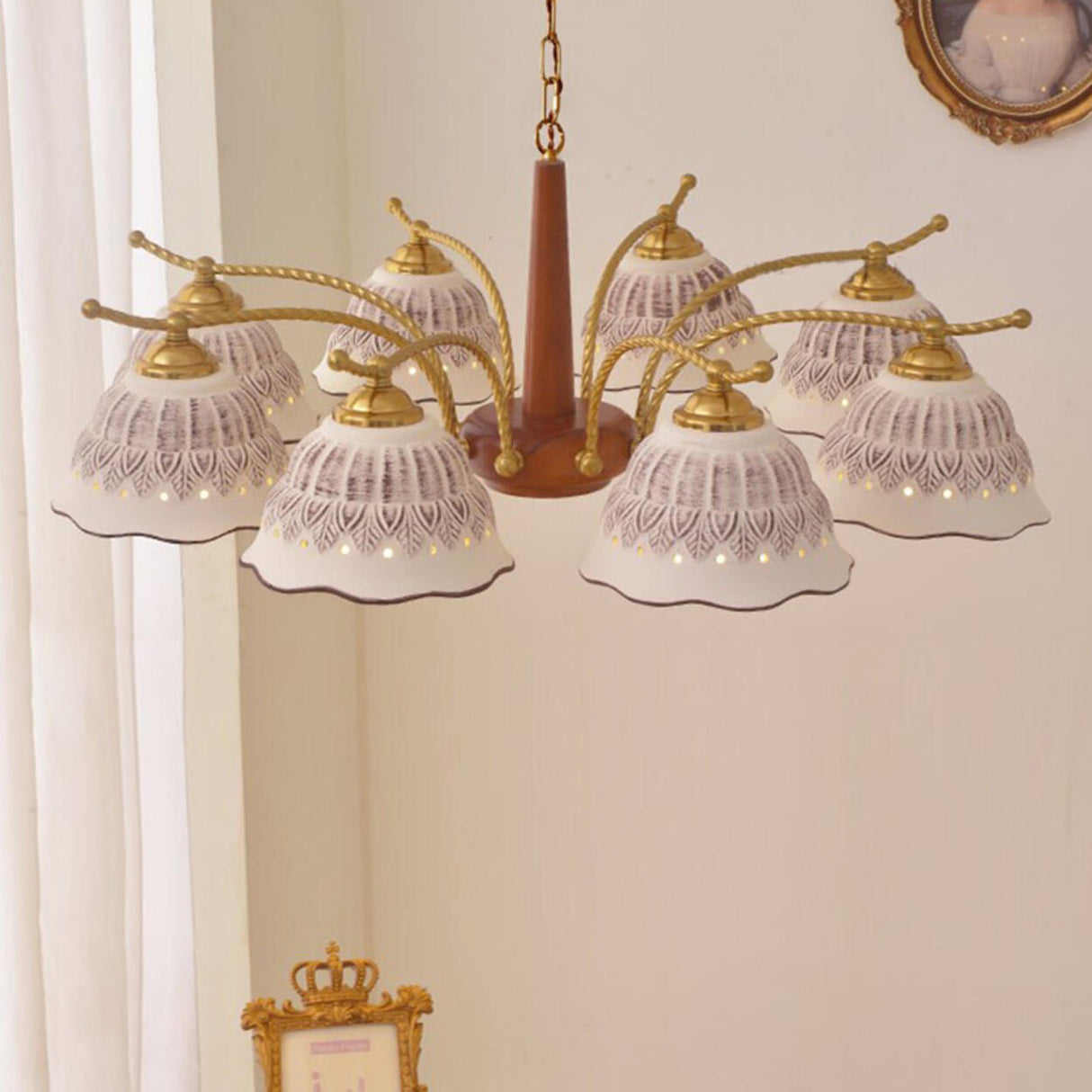 Vintage Brass Ceramics Bell Dome Pendant Chandelier Image - 6