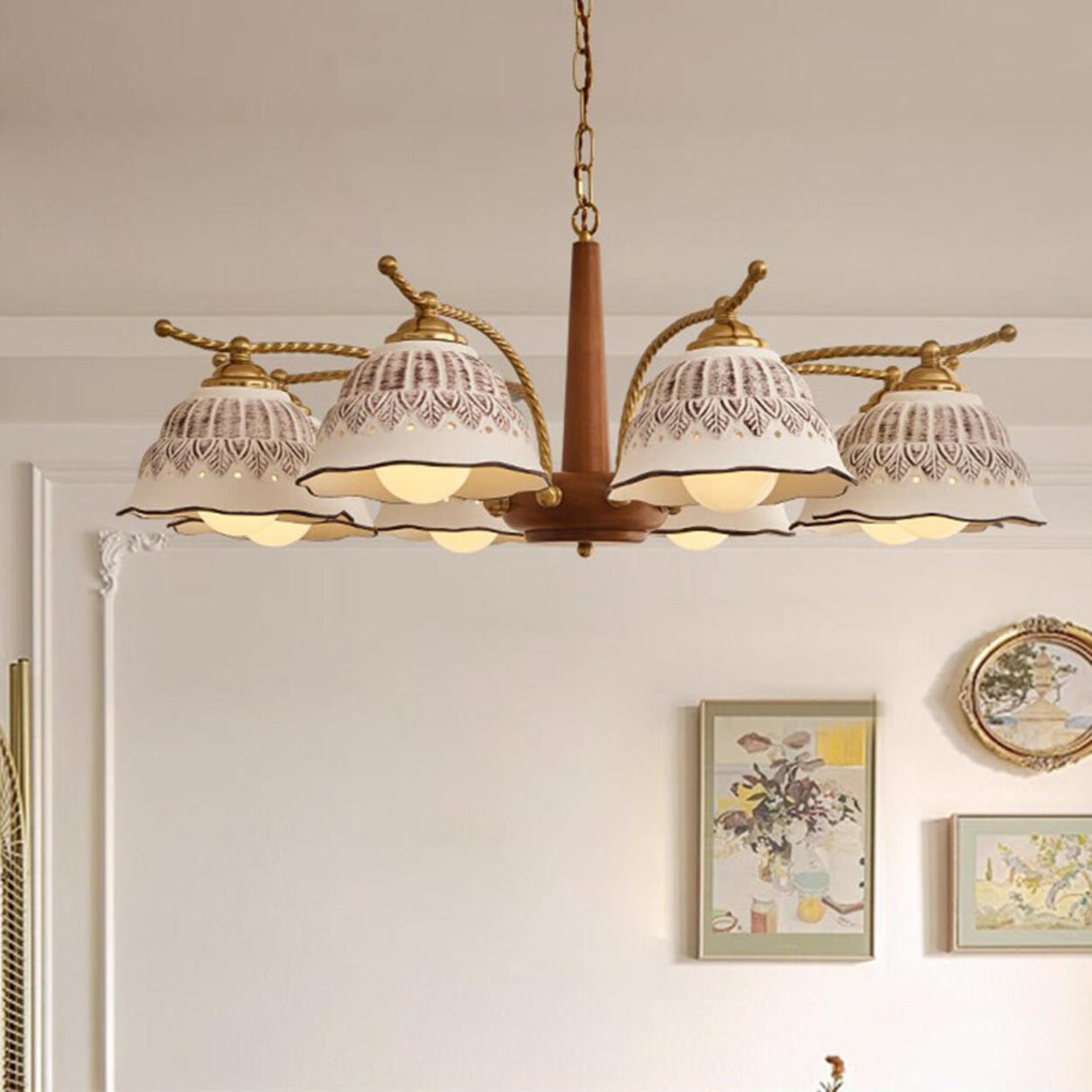 Vintage Brass Ceramics Bell Dome Pendant Chandelier Image - 7