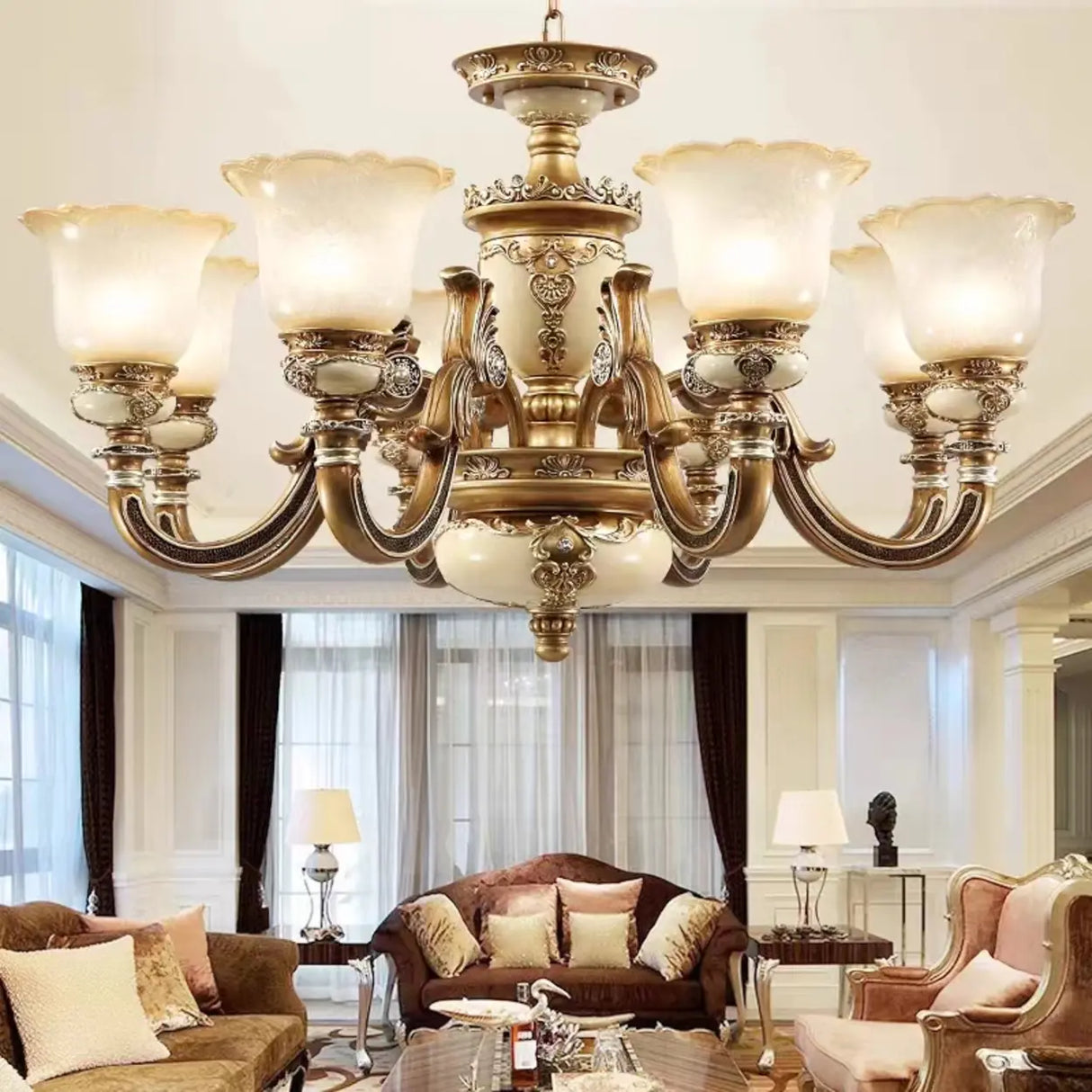 Vintage Brass Chandelier with Frosted Glass Shades, 8-Light Image - 1