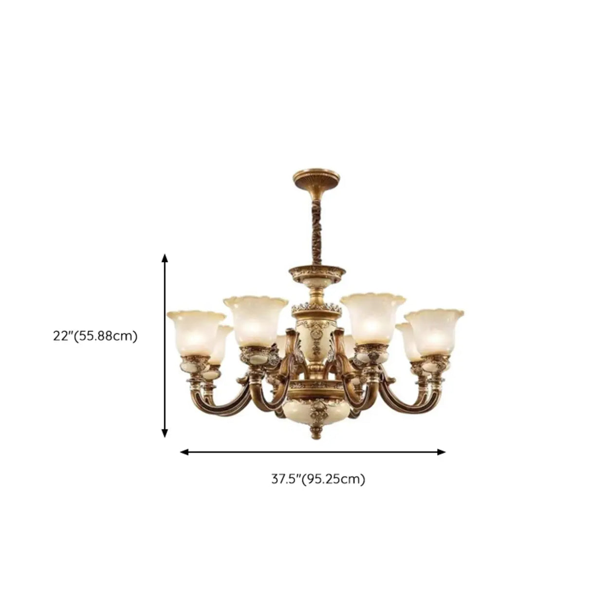 Vintage Brass Chandelier with Frosted Glass Shades, 8-Light Image - 16
