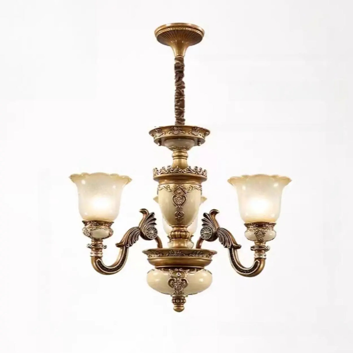 Vintage Brass Chandelier with Frosted Glass Shades, 8-Light Image - 2
