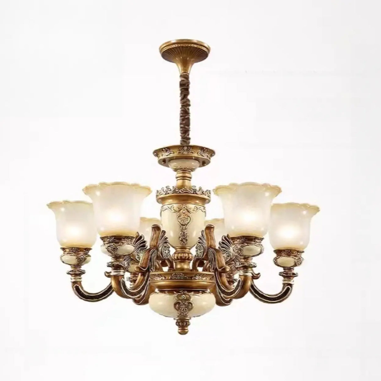 Vintage Brass Chandelier with Frosted Glass Shades, 8-Light Image - 3