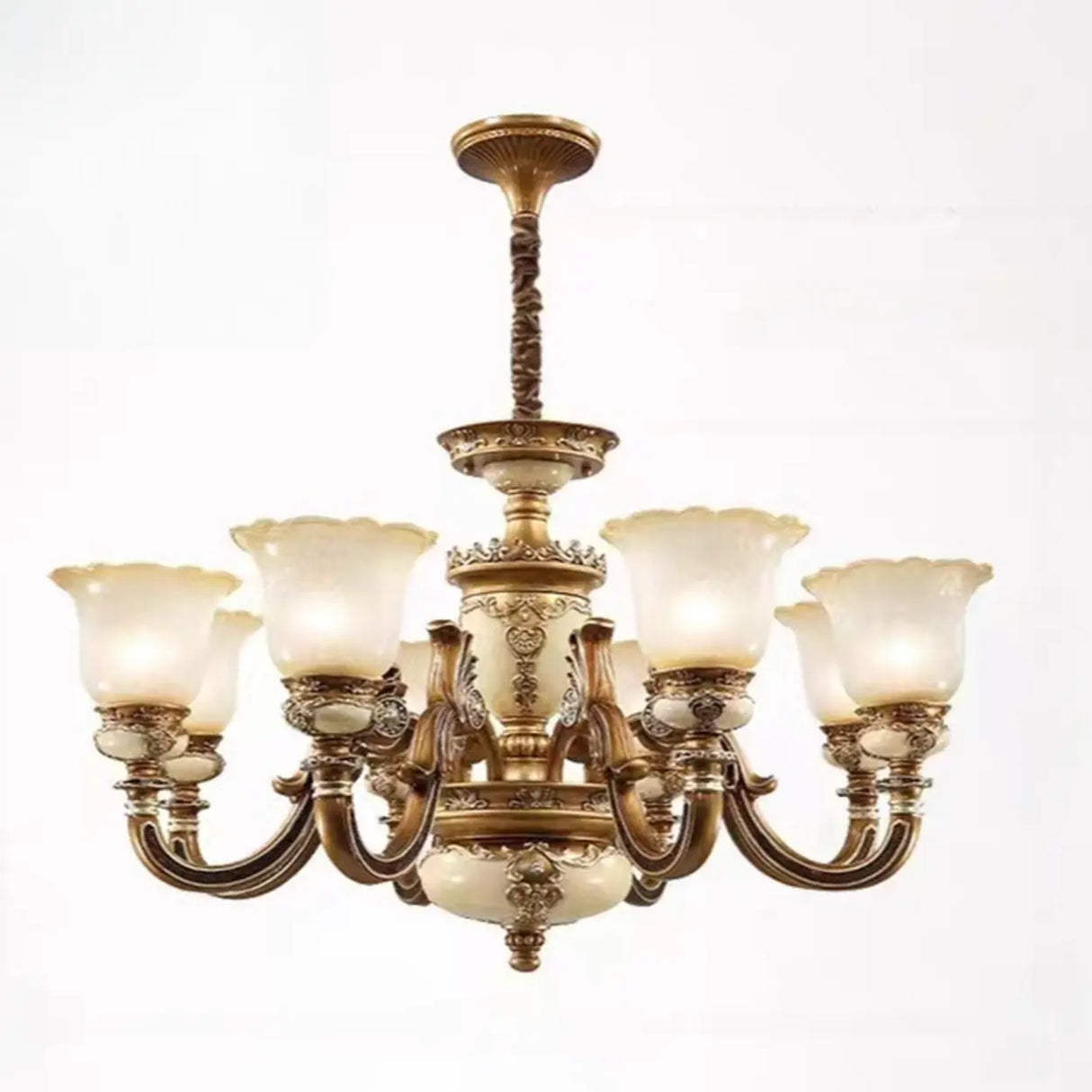 Vintage Brass Chandelier with Frosted Glass Shades, 8-Light Image - 5