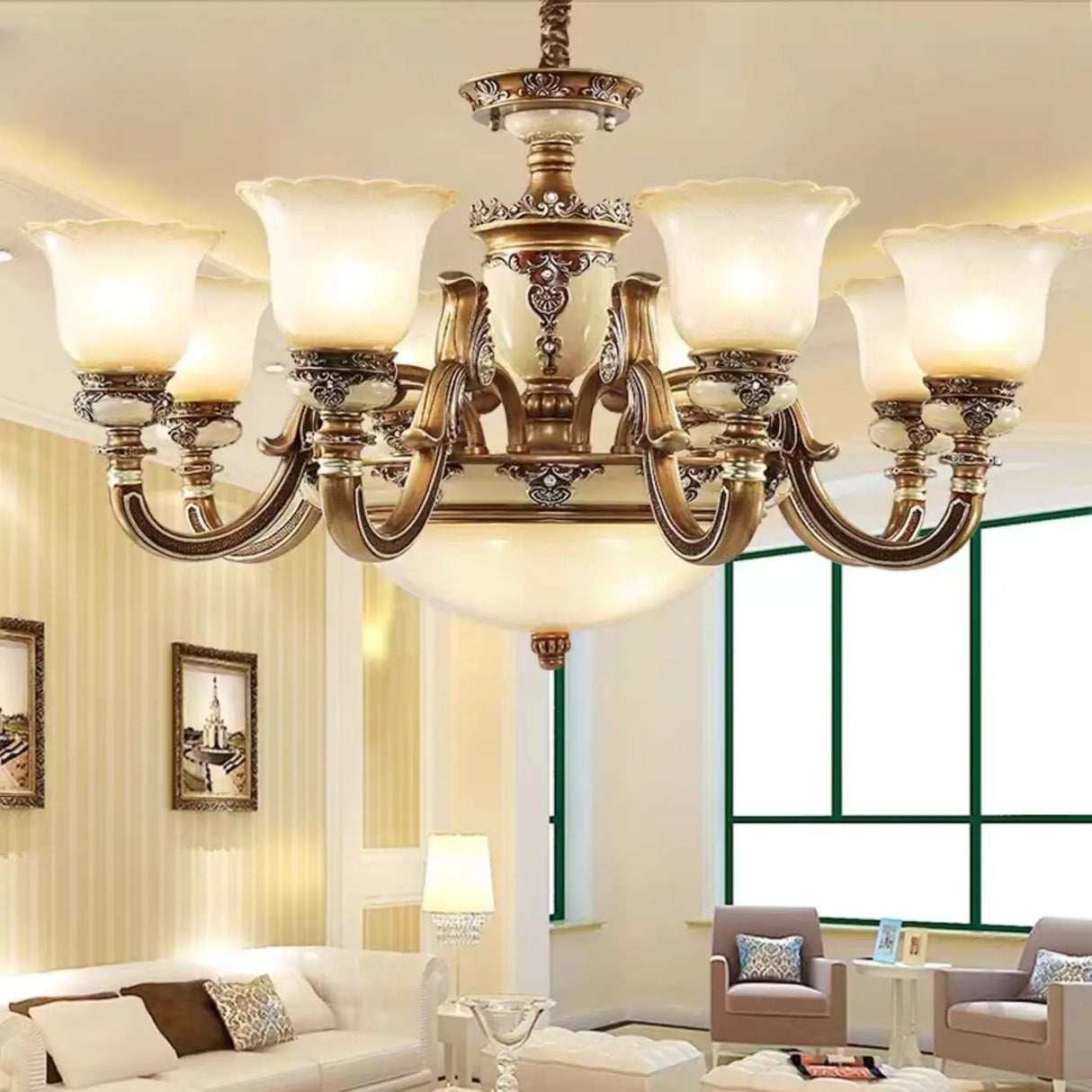 Vintage Brass Chandelier with Frosted Glass Shades, 8-Light Image - 6