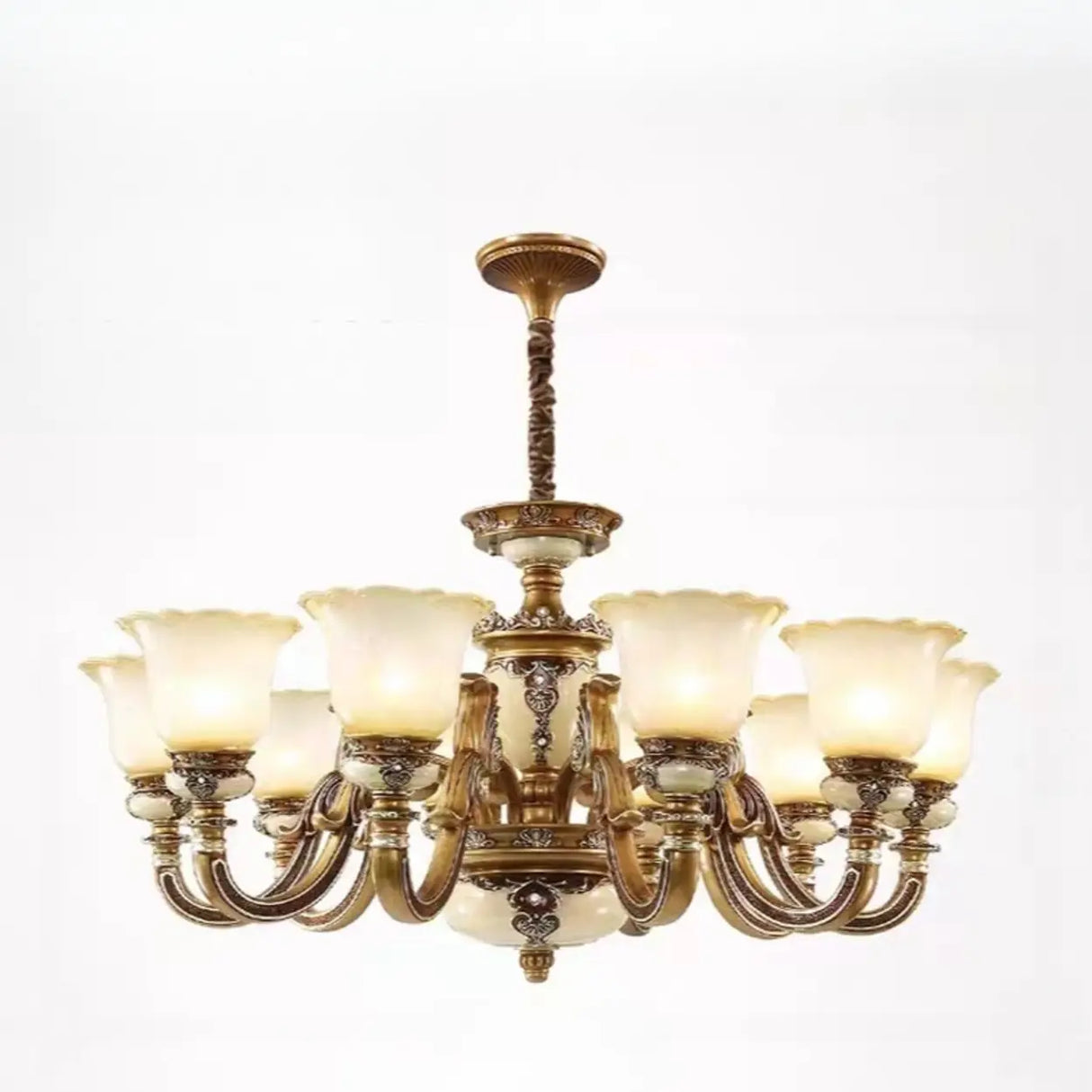 Vintage Brass Chandelier with Frosted Glass Shades, 8-Light Image - 7