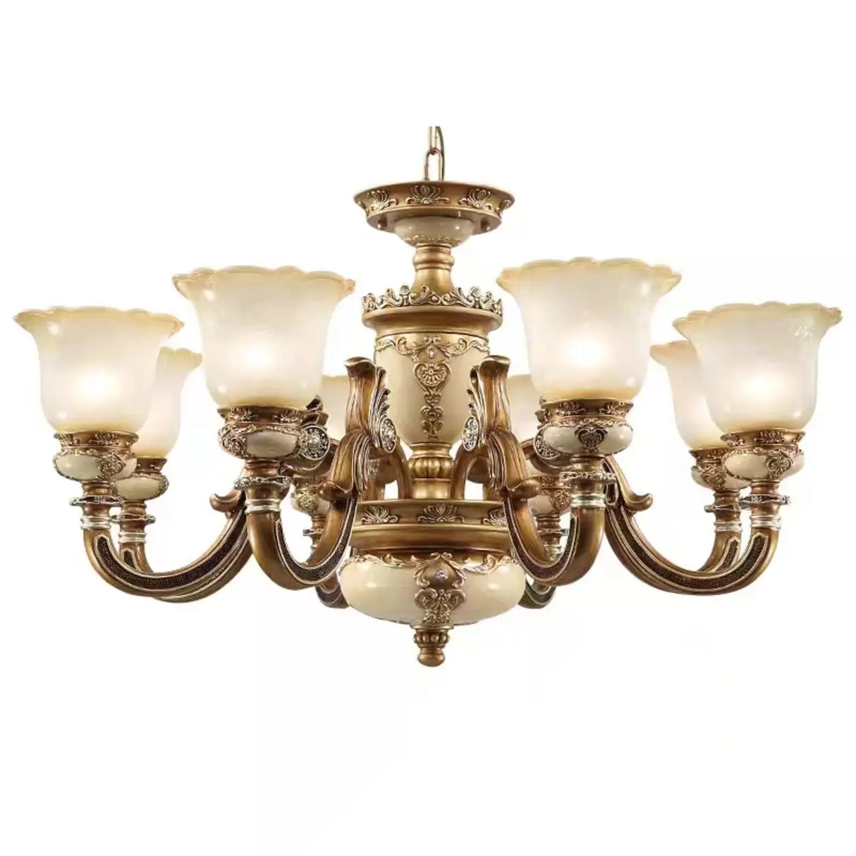 Vintage Brass Chandelier with Frosted Glass Shades, 8-Light Image - 8