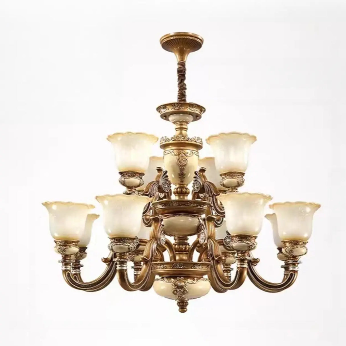 Vintage Brass Chandelier with Frosted Glass Shades, 8-Light Image - 9