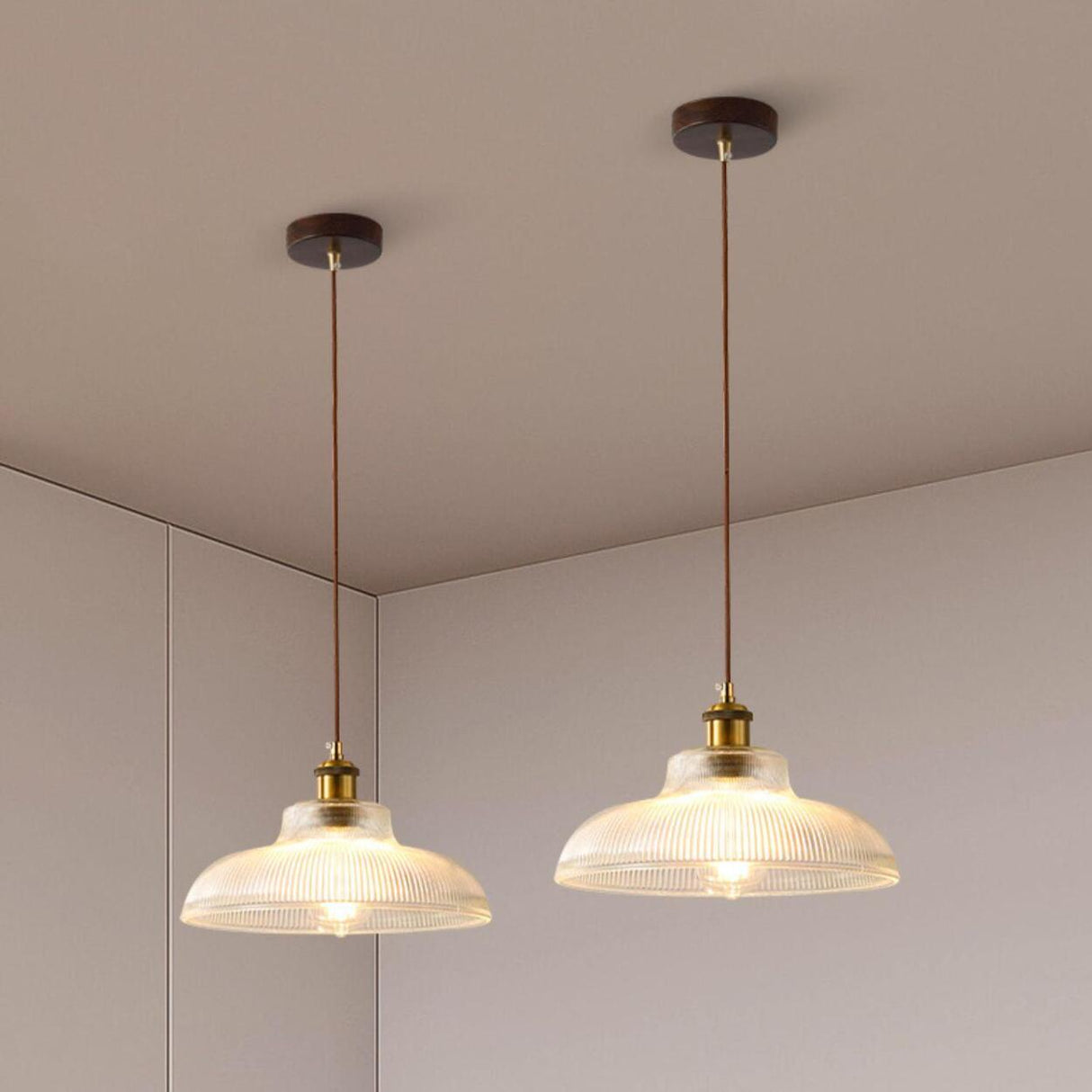 Vintage Brass Clear Glass Dome Pendant Bedroom Image - 4