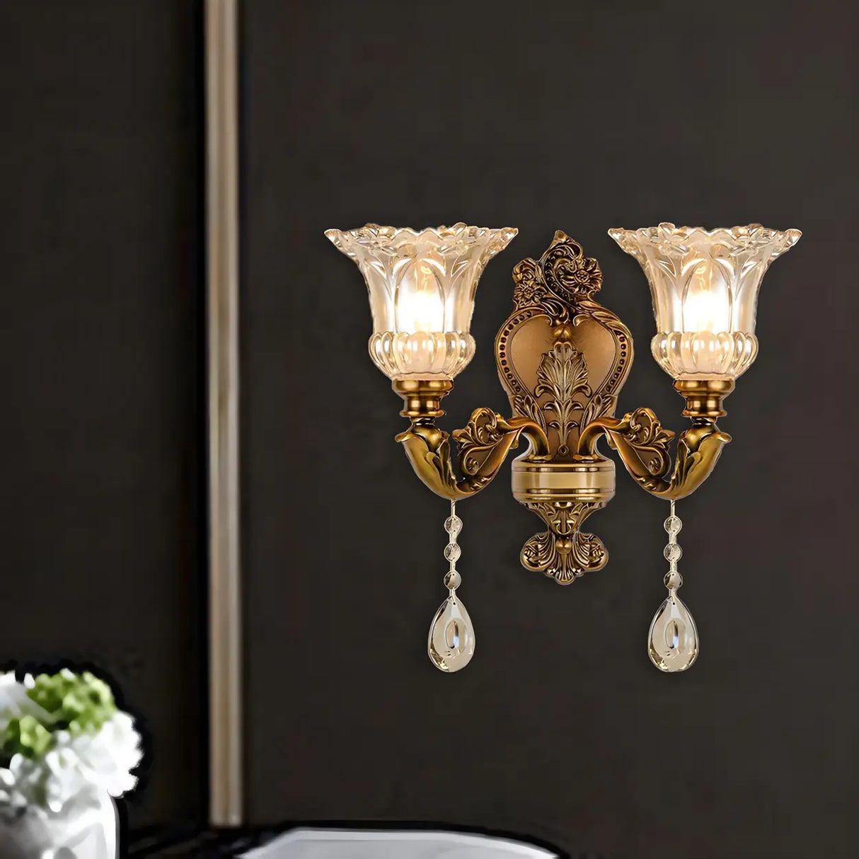 Vintage Brass Crystal and Glass Flower Wall Sconce Image - 10