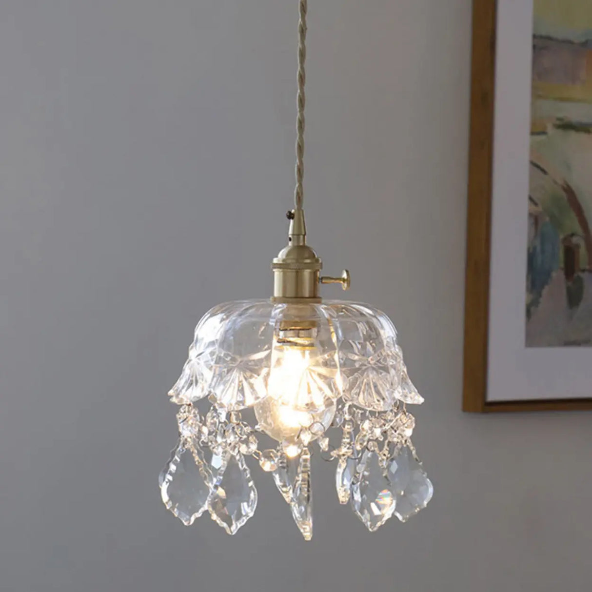 Vintage Brass Crystal Clear Glass Flower Pendant Light Image - 1