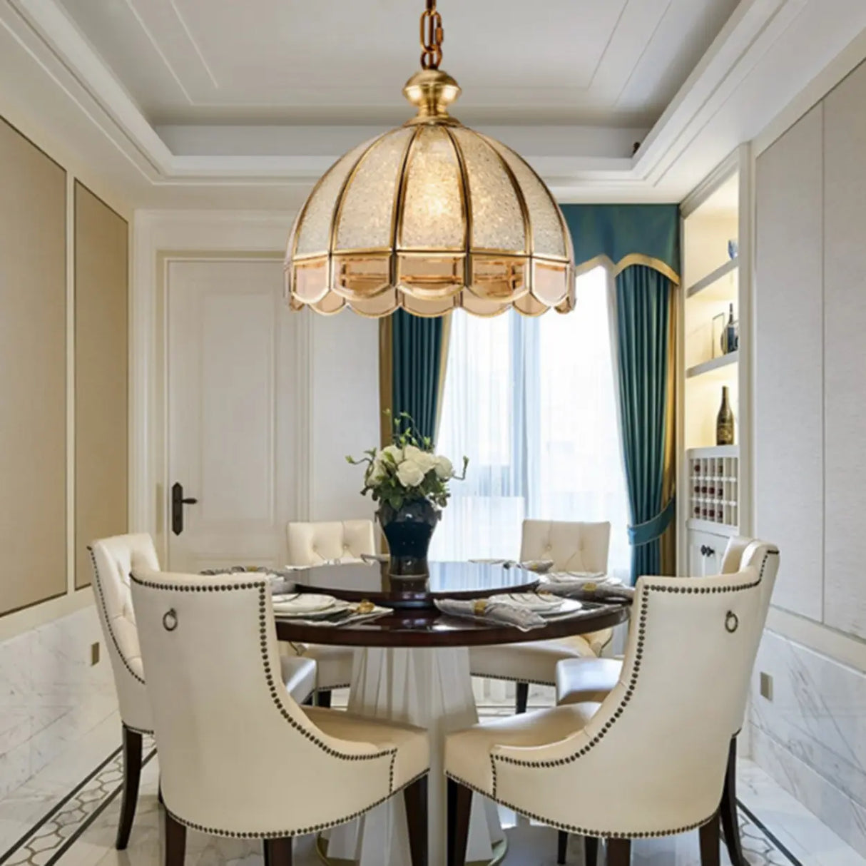 Vintage Brass Dome Gold and Clear Glass Pendant Light Image - 4