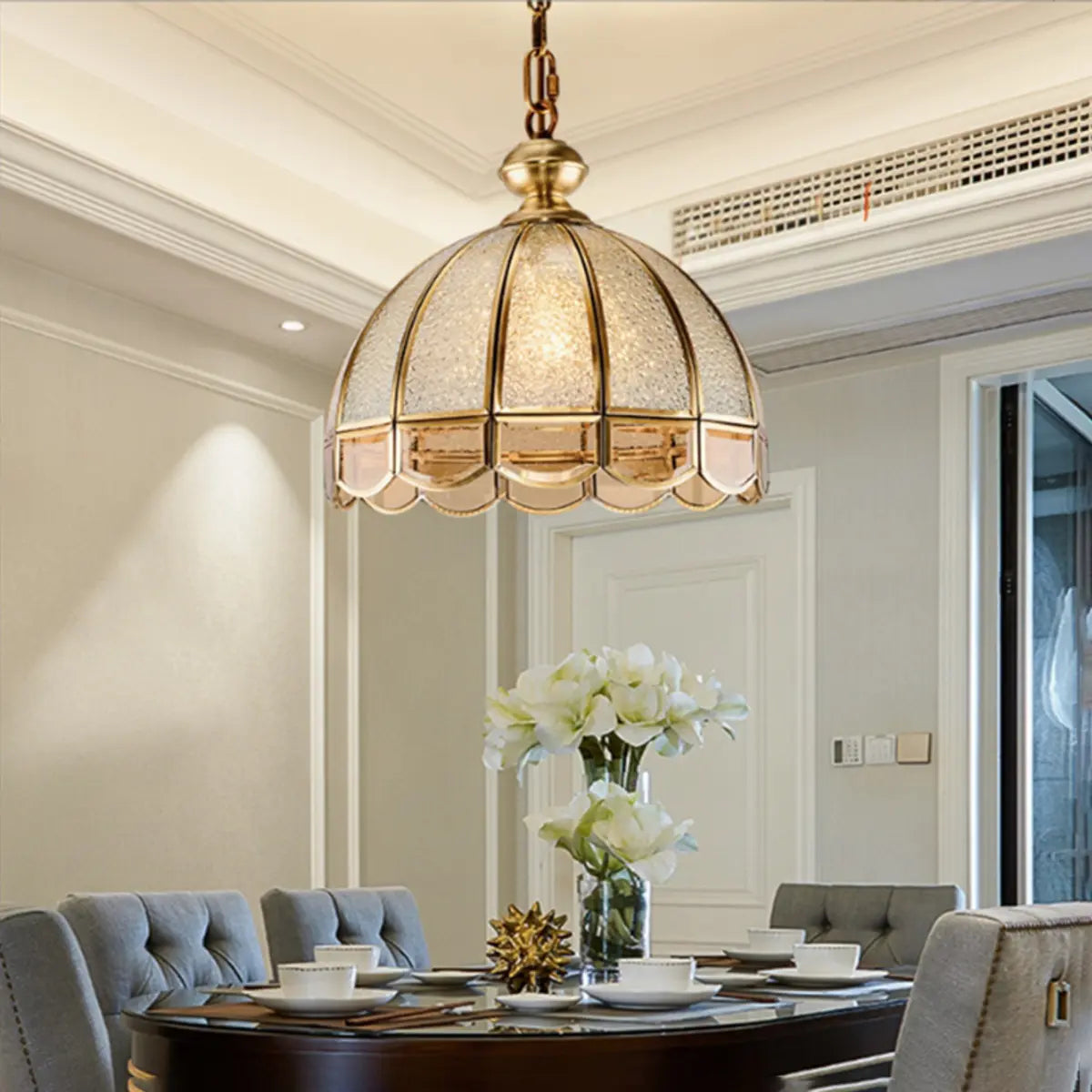 Vintage Brass Dome Gold and Clear Glass Pendant Light Image - 3