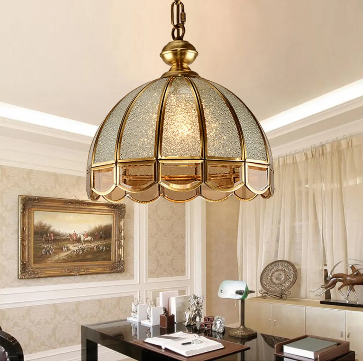 Vintage Brass Dome Gold and Clear Glass Pendant Light Image - 5