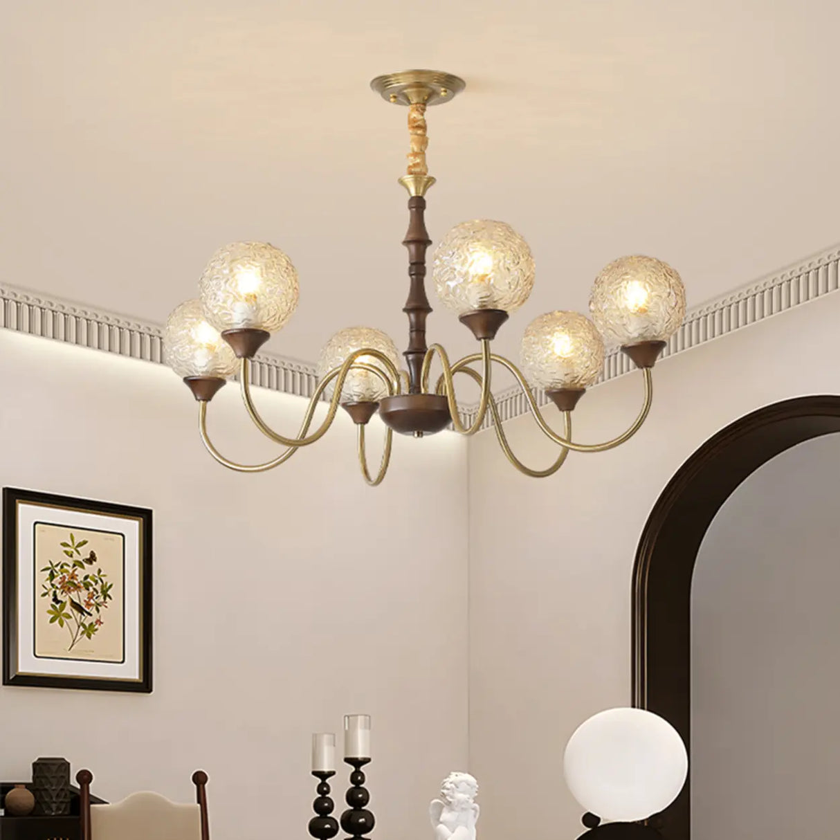Vintage Brass Glass Globe Chandelier for Elegant Lighting Image - 6
