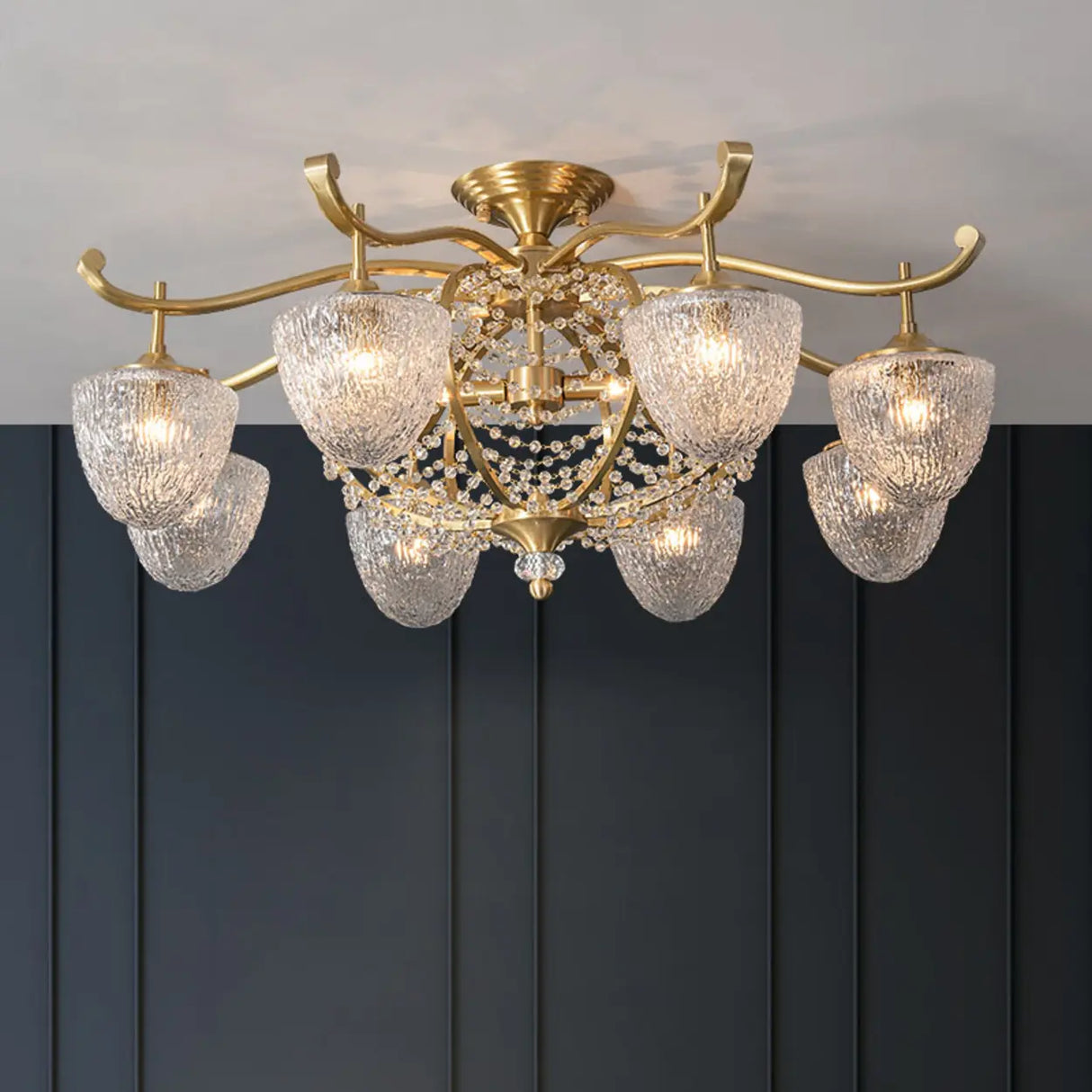 Vintage Brass Pine Cones Crystal Semi-Flush Mount Light Image - 3