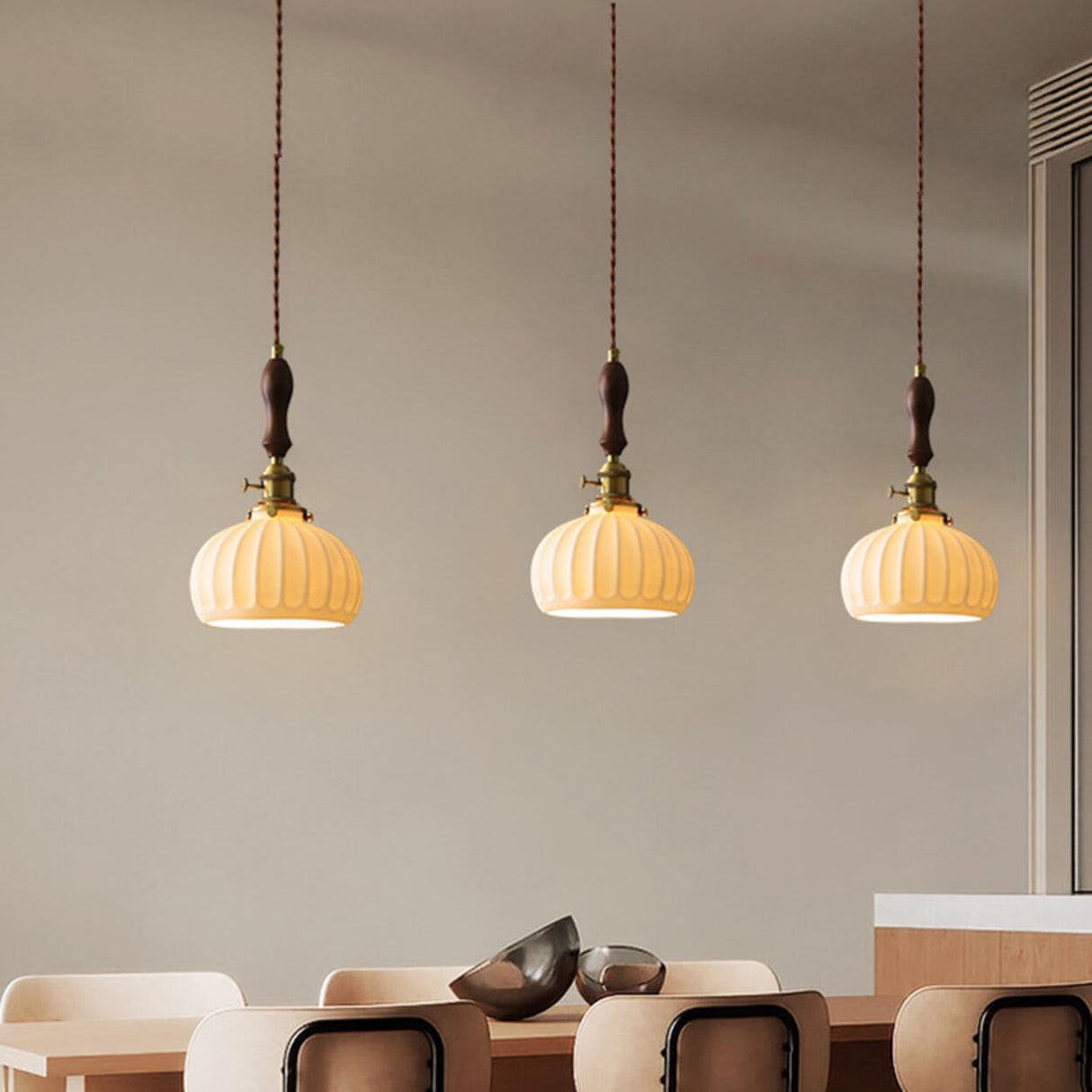 Vintage Brass Ribbed Dome Classic Ceramic Pendant Light Image - 4