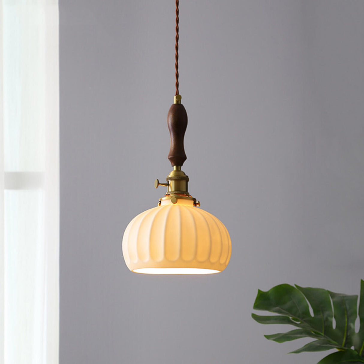 Vintage Brass Ribbed Dome Classic Ceramic Pendant Light Image - 5