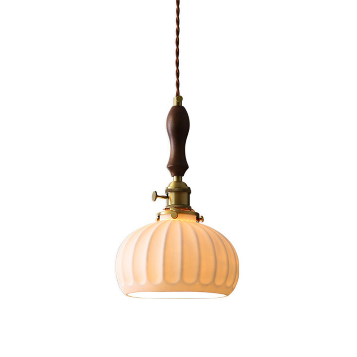 Vintage Brass Ribbed Dome Classic Ceramic Pendant Light Image - 7