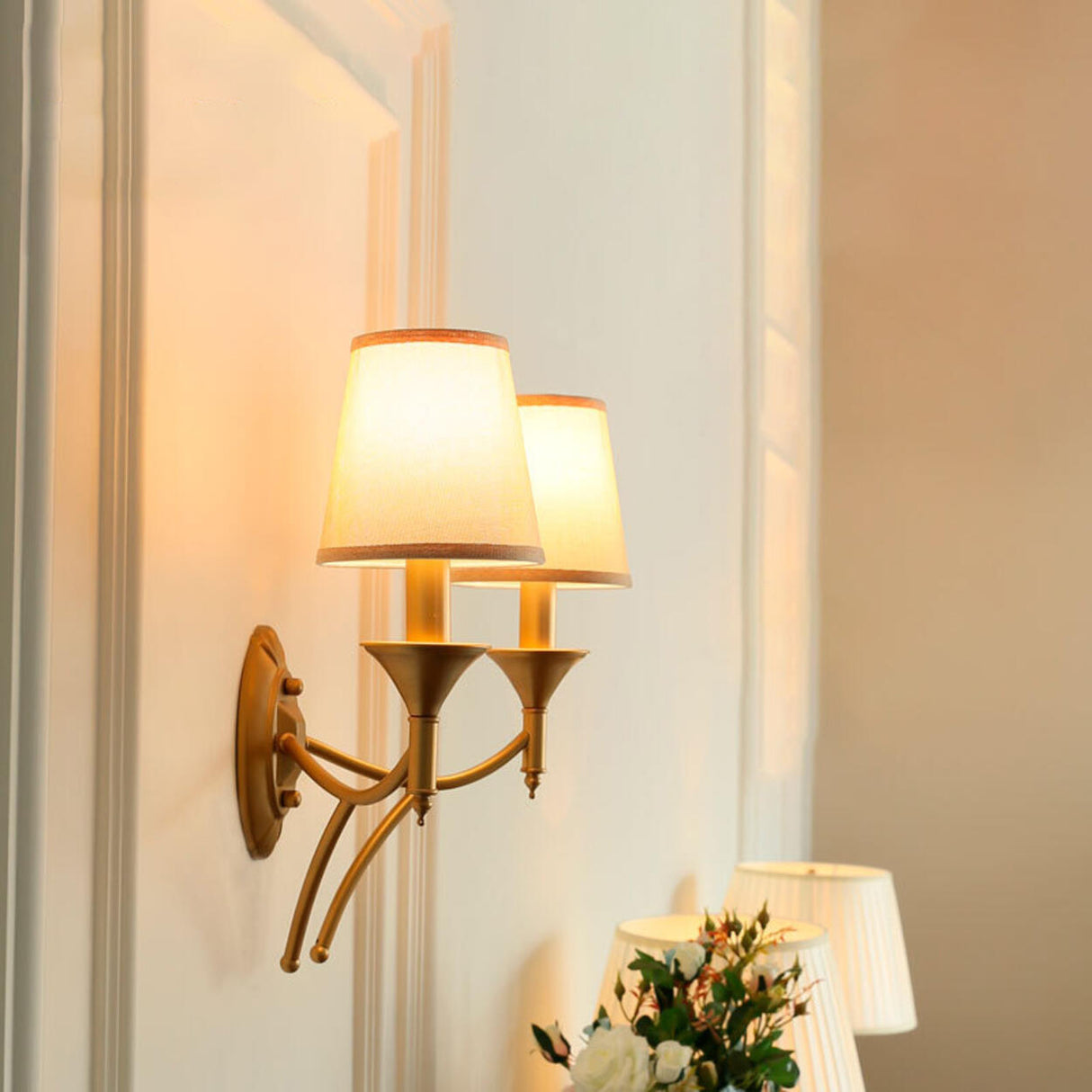 Vintage Brass Wall Sconces with Fabric Shades Image - 10