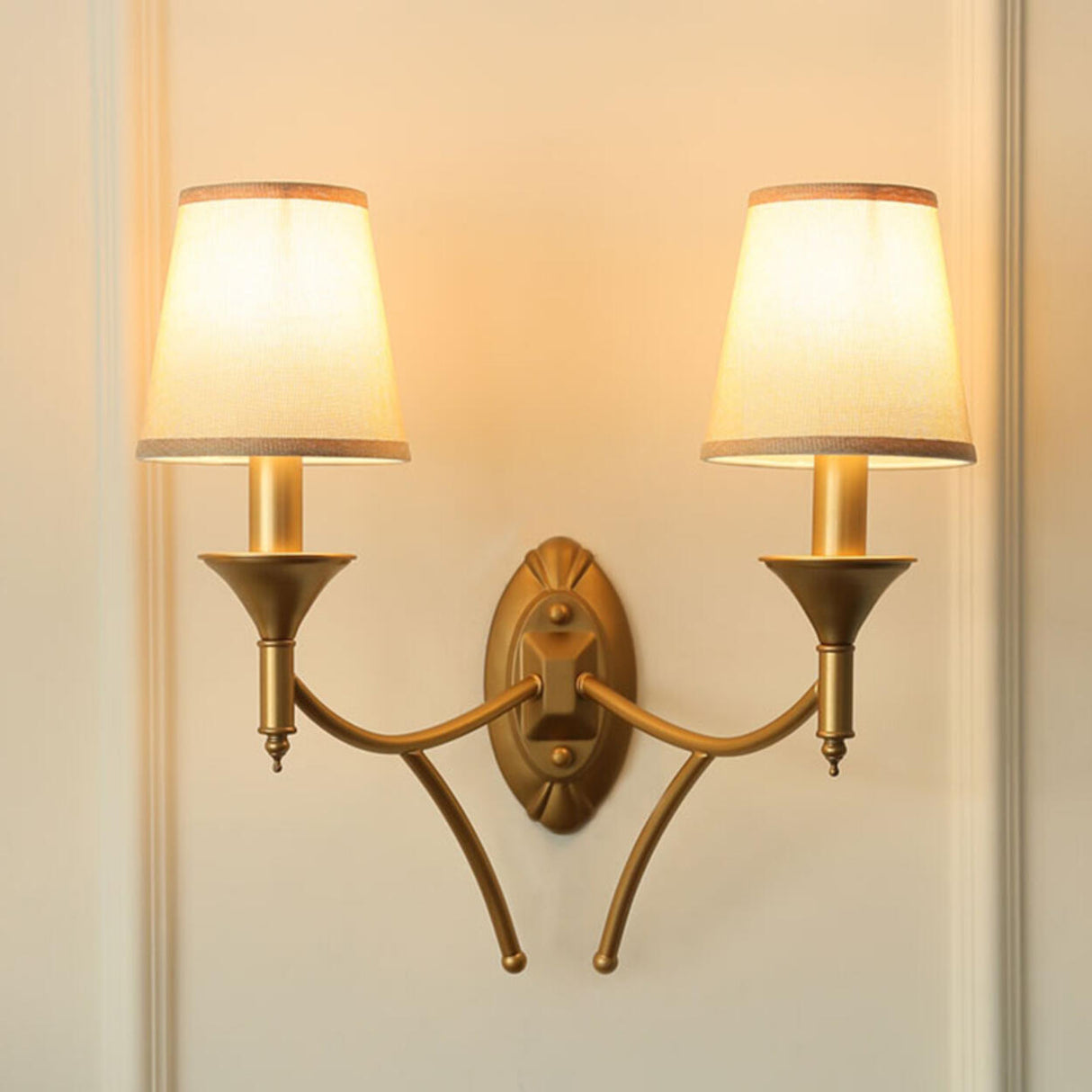Vintage Brass Wall Sconces with Fabric Shades Image - 16