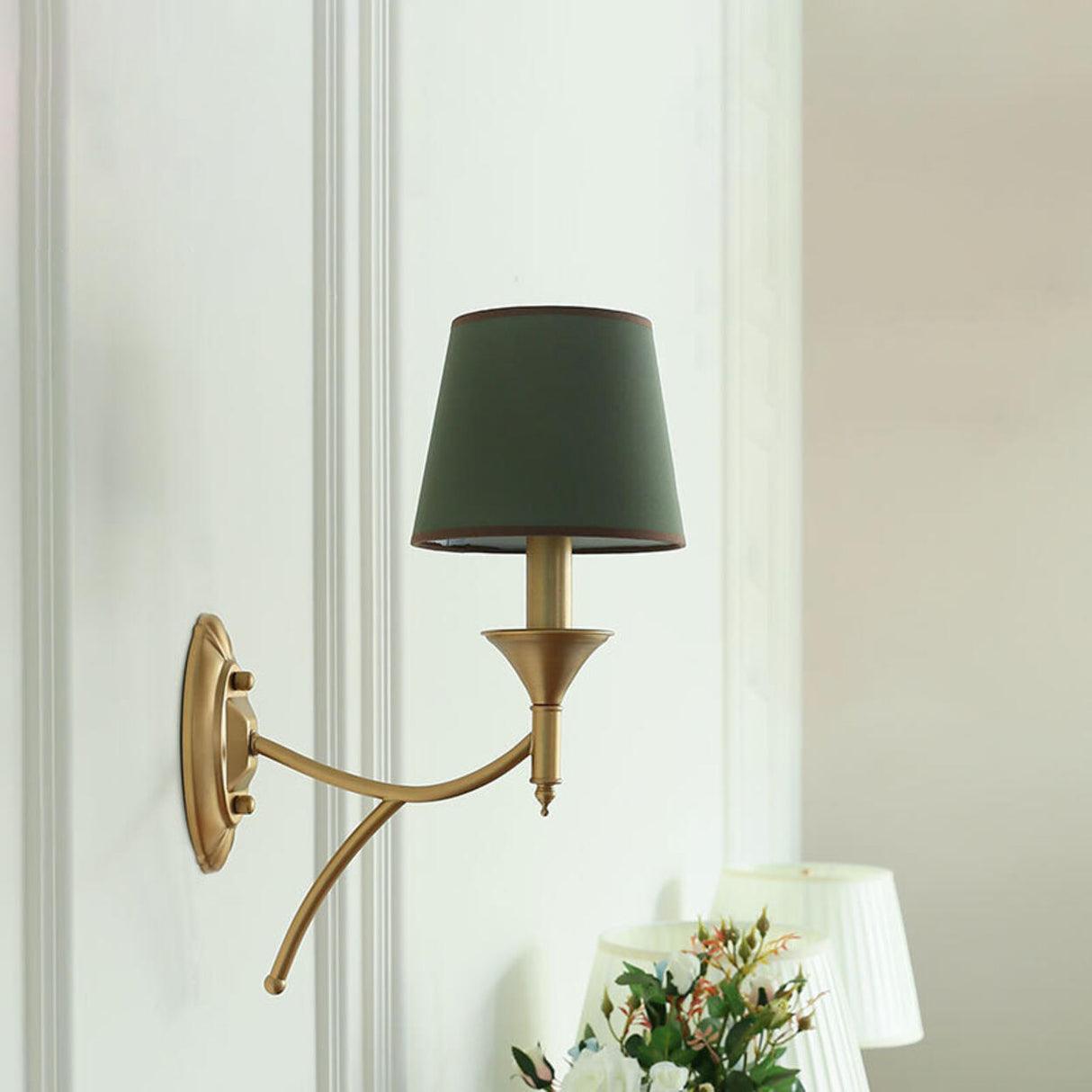 Vintage Brass Wall Sconces with Fabric Shades Image - 6