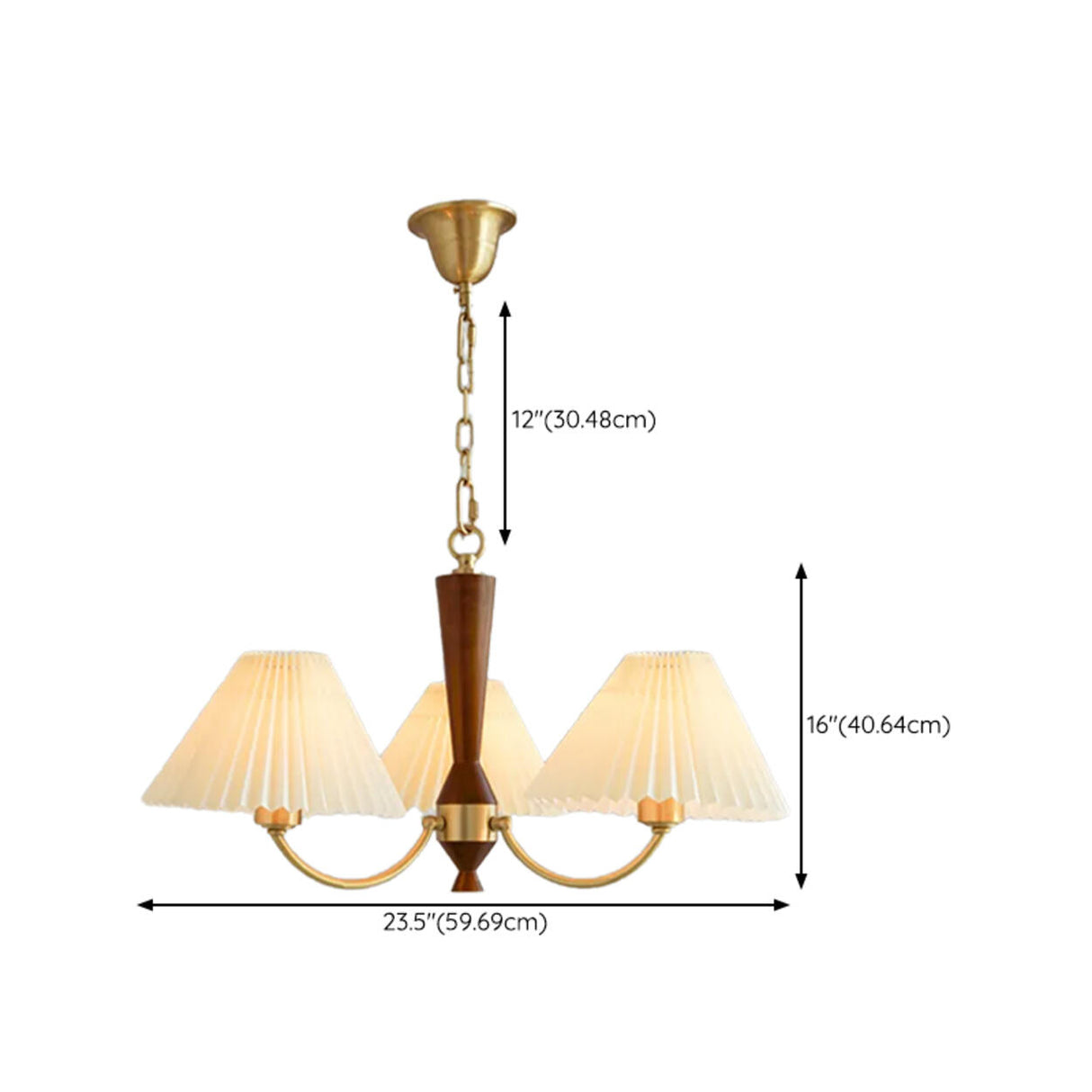 Vintage Brass White Pleated Chandelier Adjustable Height