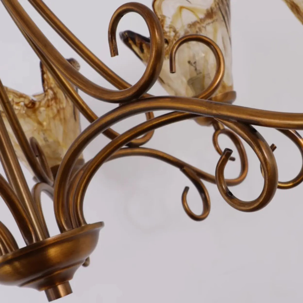 Vintage Bronze Chandelier with Amber Glass Lampshades Image - 10