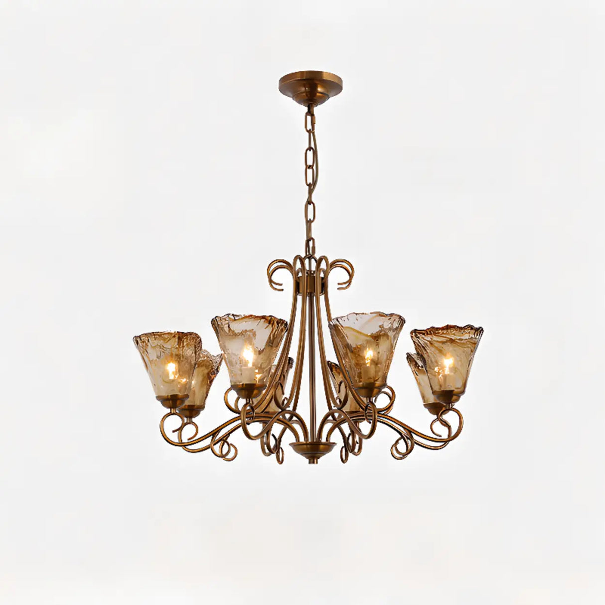 Vintage Bronze Chandelier with Amber Glass Lampshades Image - 2