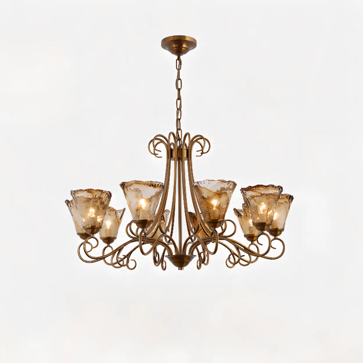 Vintage Bronze Chandelier with Amber Glass Lampshades Image - 3