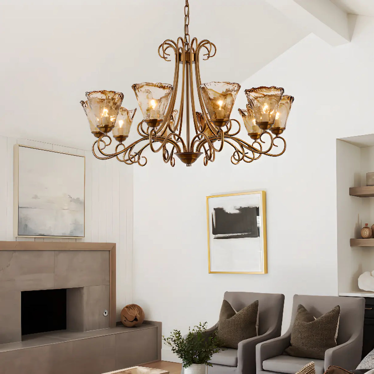 Vintage Bronze Chandelier with Amber Glass Lampshades Image - 4