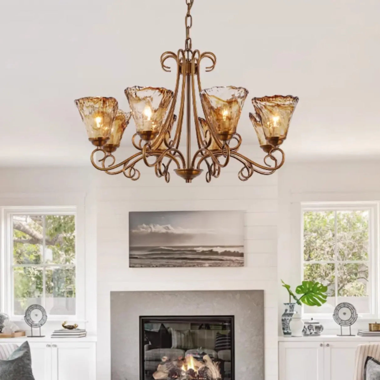 Vintage Bronze Chandelier with Amber Glass Lampshades Image - 5