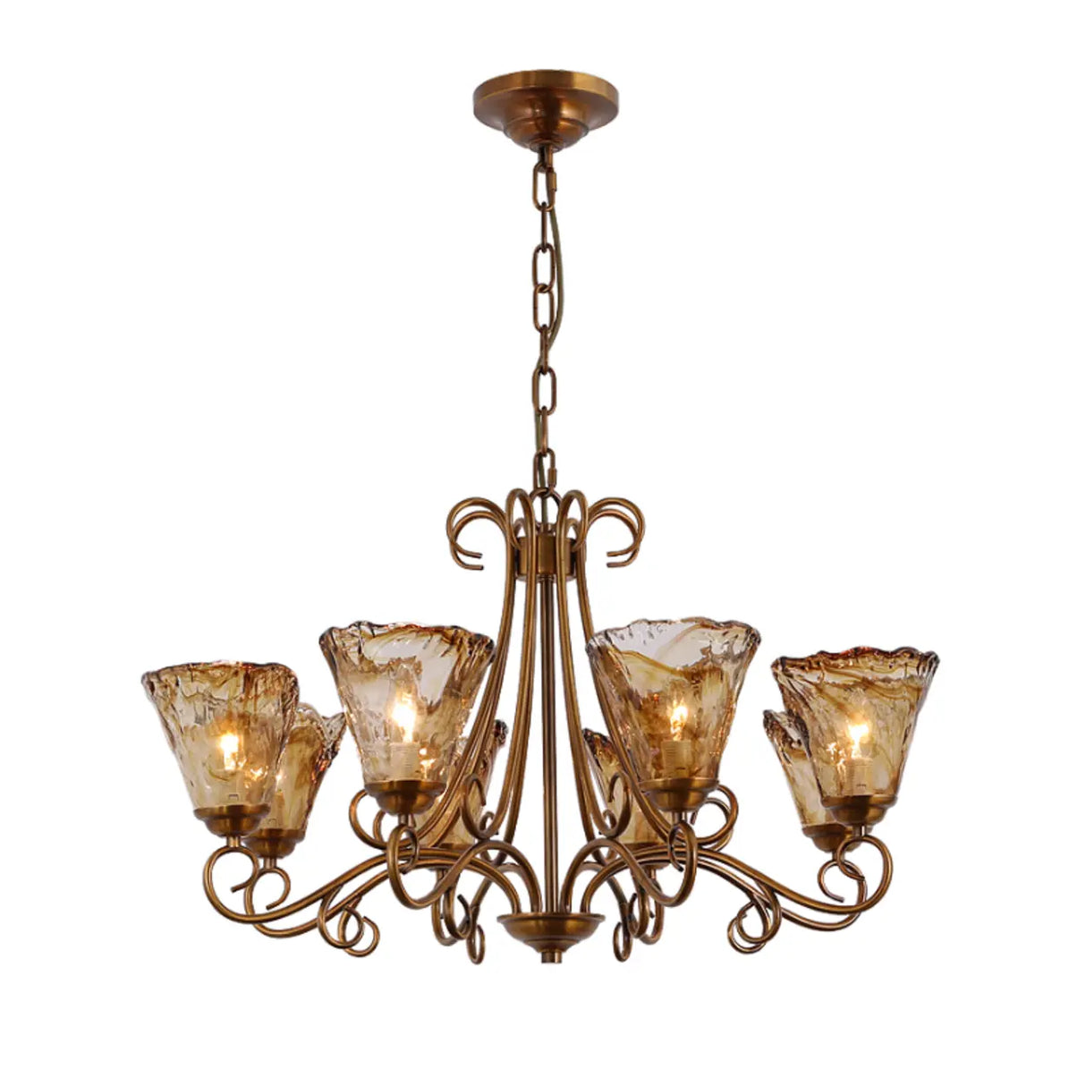 Vintage Bronze Chandelier with Amber Glass Lampshades Image - 6