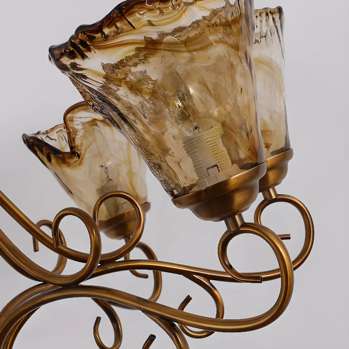 Vintage Bronze Chandelier with Amber Glass Lampshades Image - 7