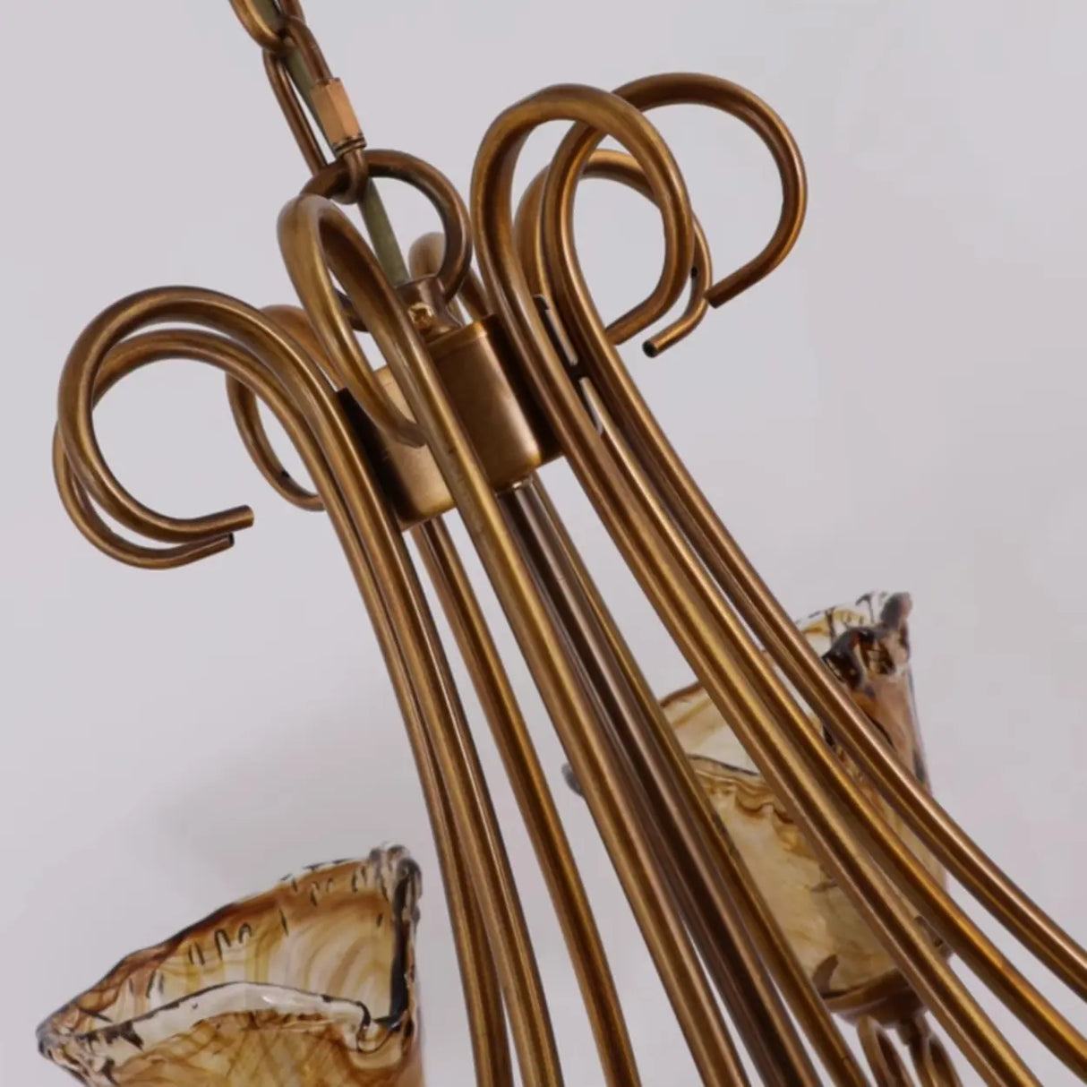 Vintage Bronze Chandelier with Amber Glass Lampshades Image - 9