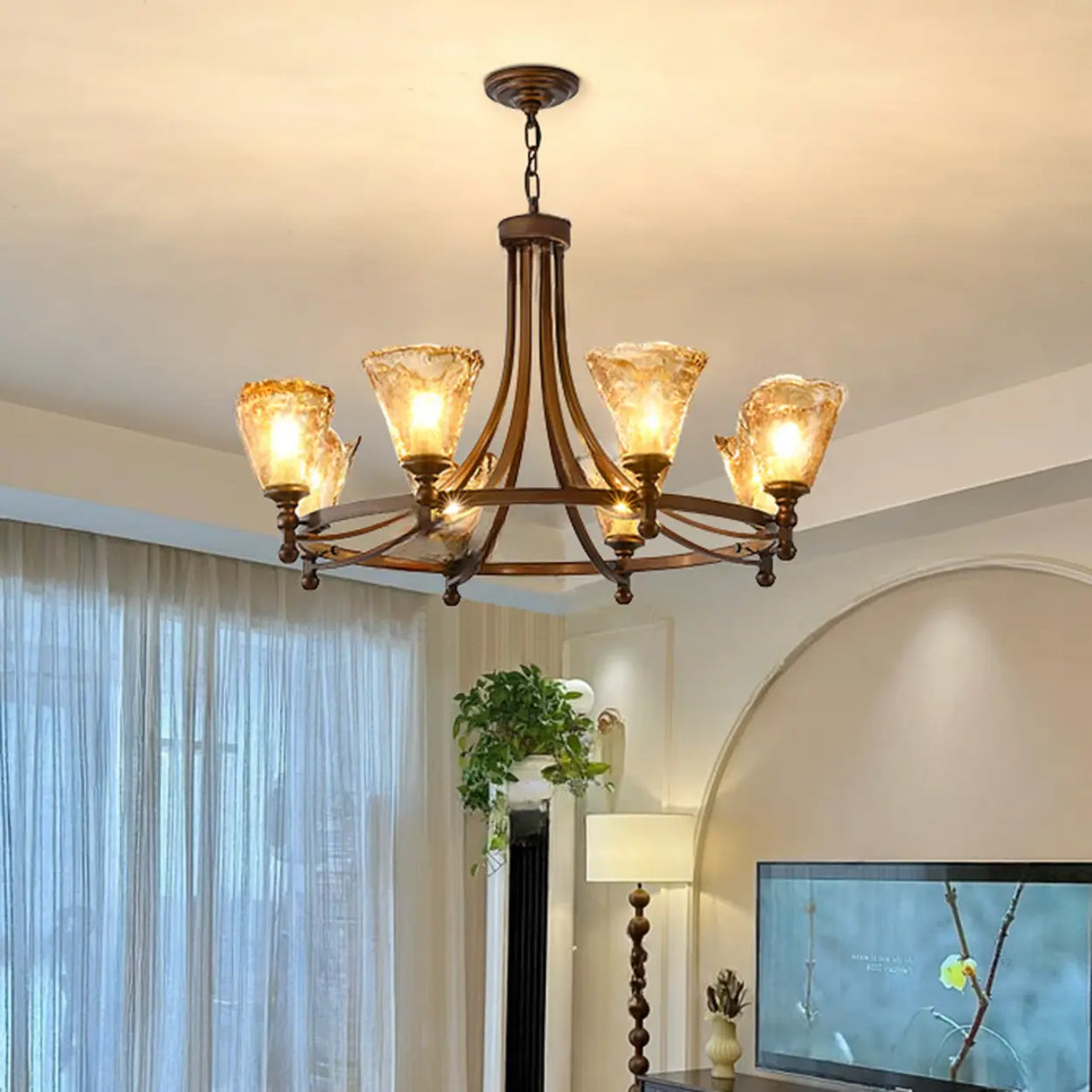 Vintage Bronze Chandelier with Amber Glass Shades, 6-Light Image - 1