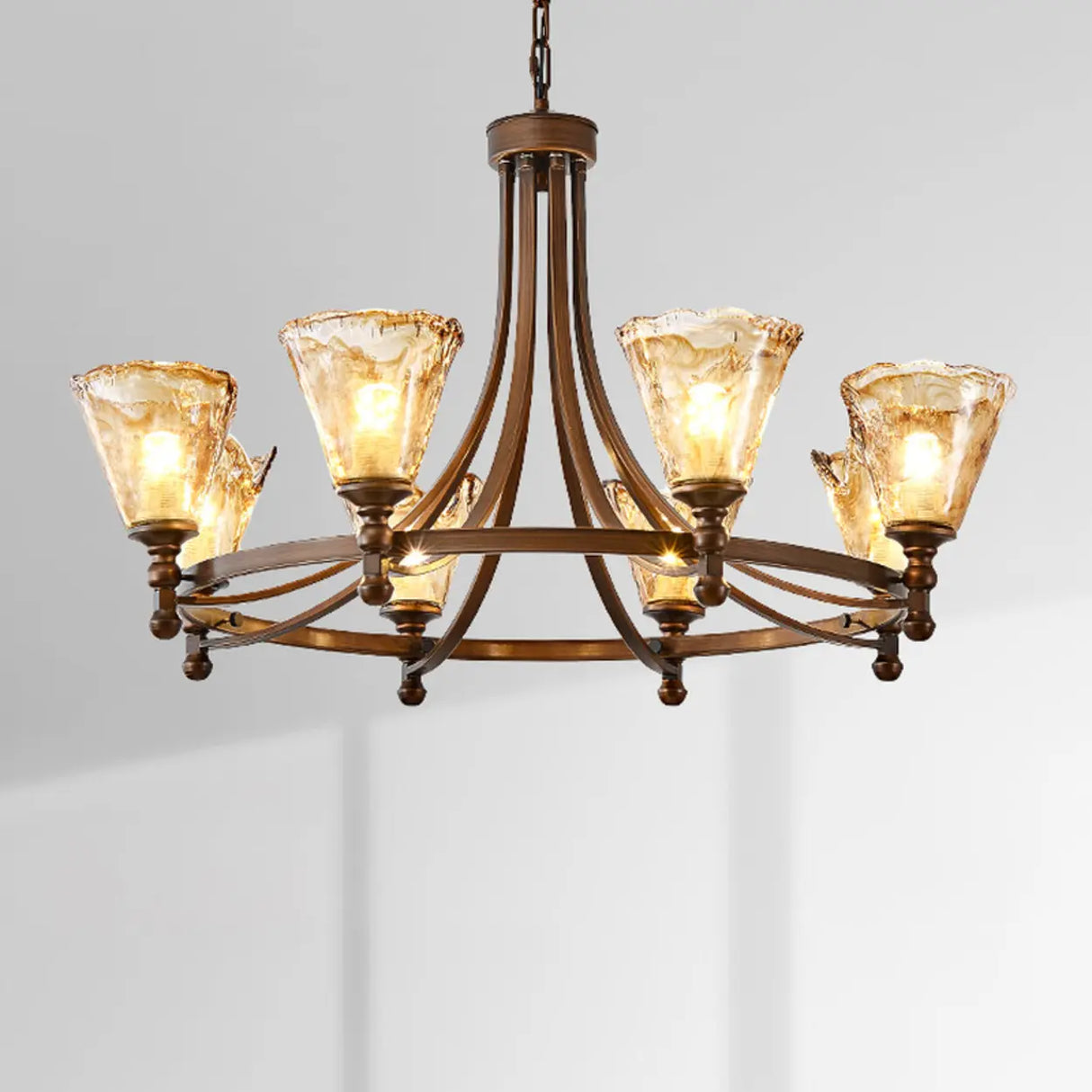 Vintage Bronze Chandelier with Amber Glass Shades, 6-Light Image - 3