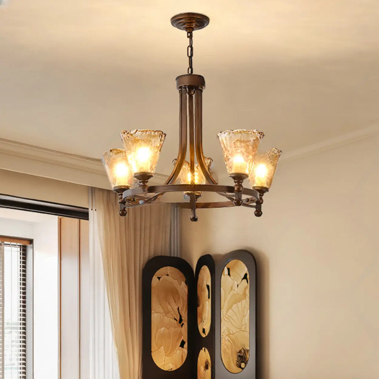 Vintage Bronze Chandelier with Amber Glass Shades, 6-Light Image - 5