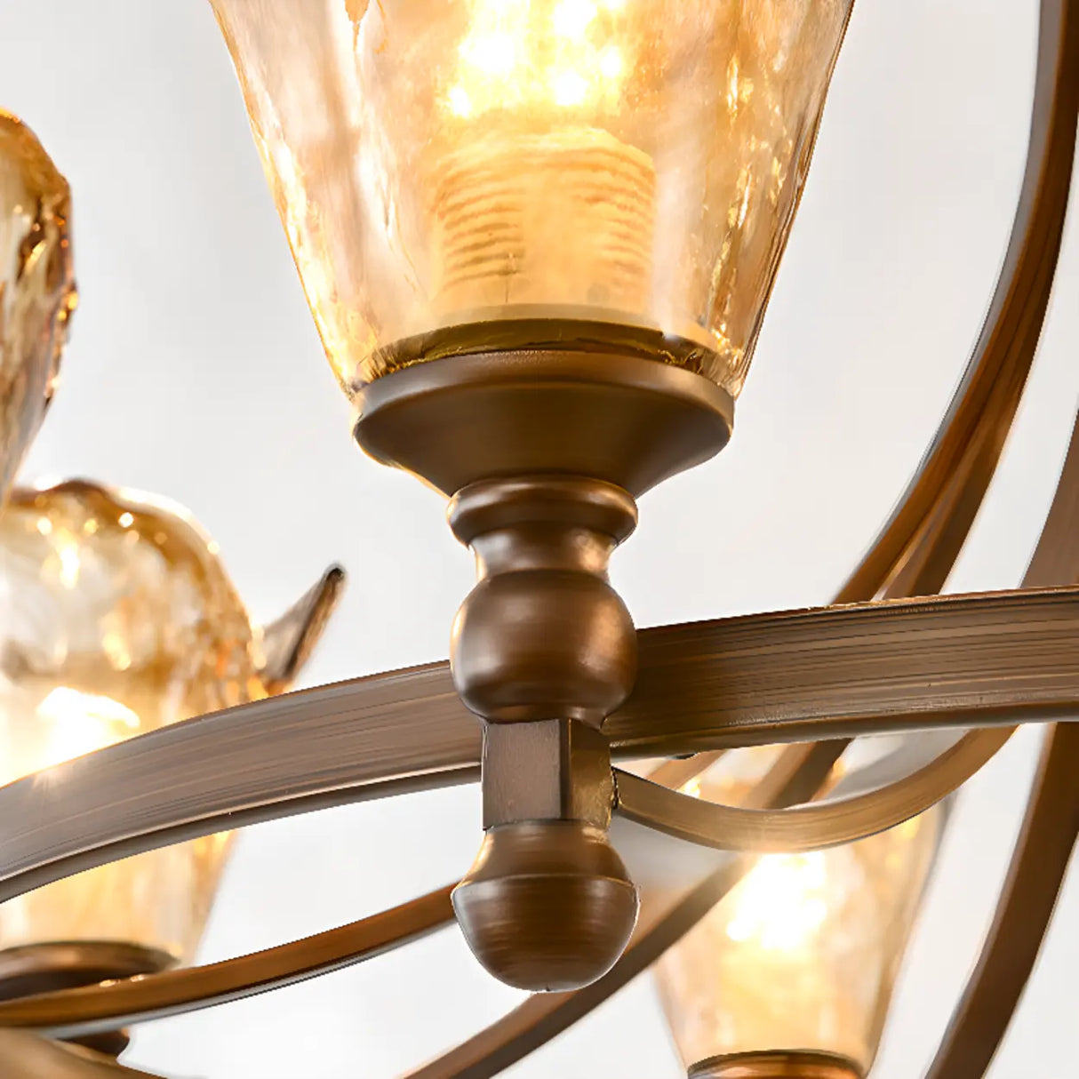 Vintage Bronze Chandelier with Amber Glass Shades, 6-Light Image - 6