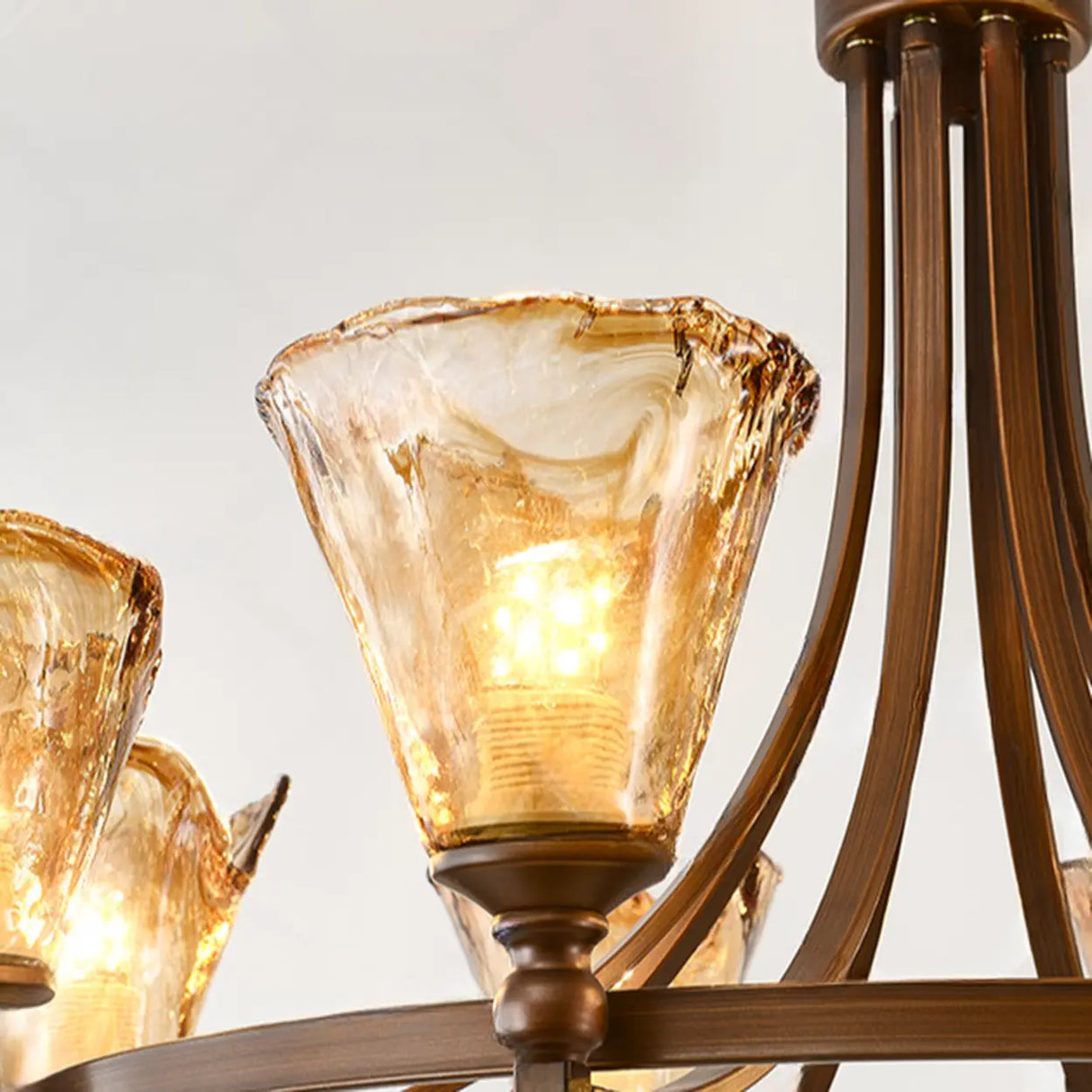Vintage Bronze Chandelier with Amber Glass Shades, 6-Light Image - 7