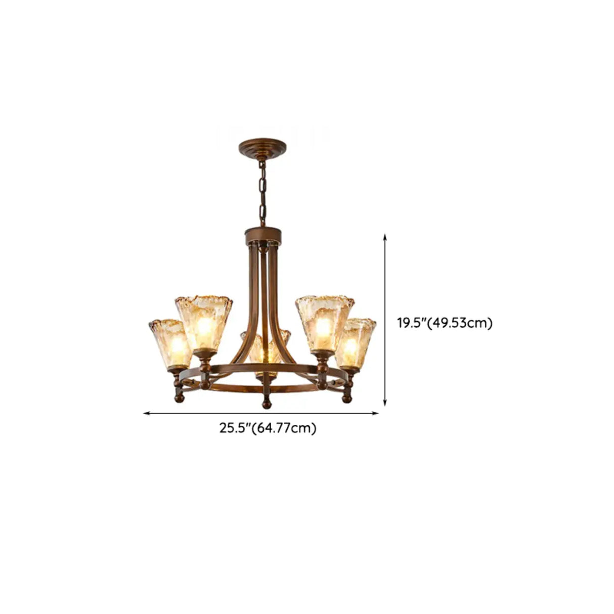 Vintage Bronze Chandelier with Amber Glass Shades, 6-Light