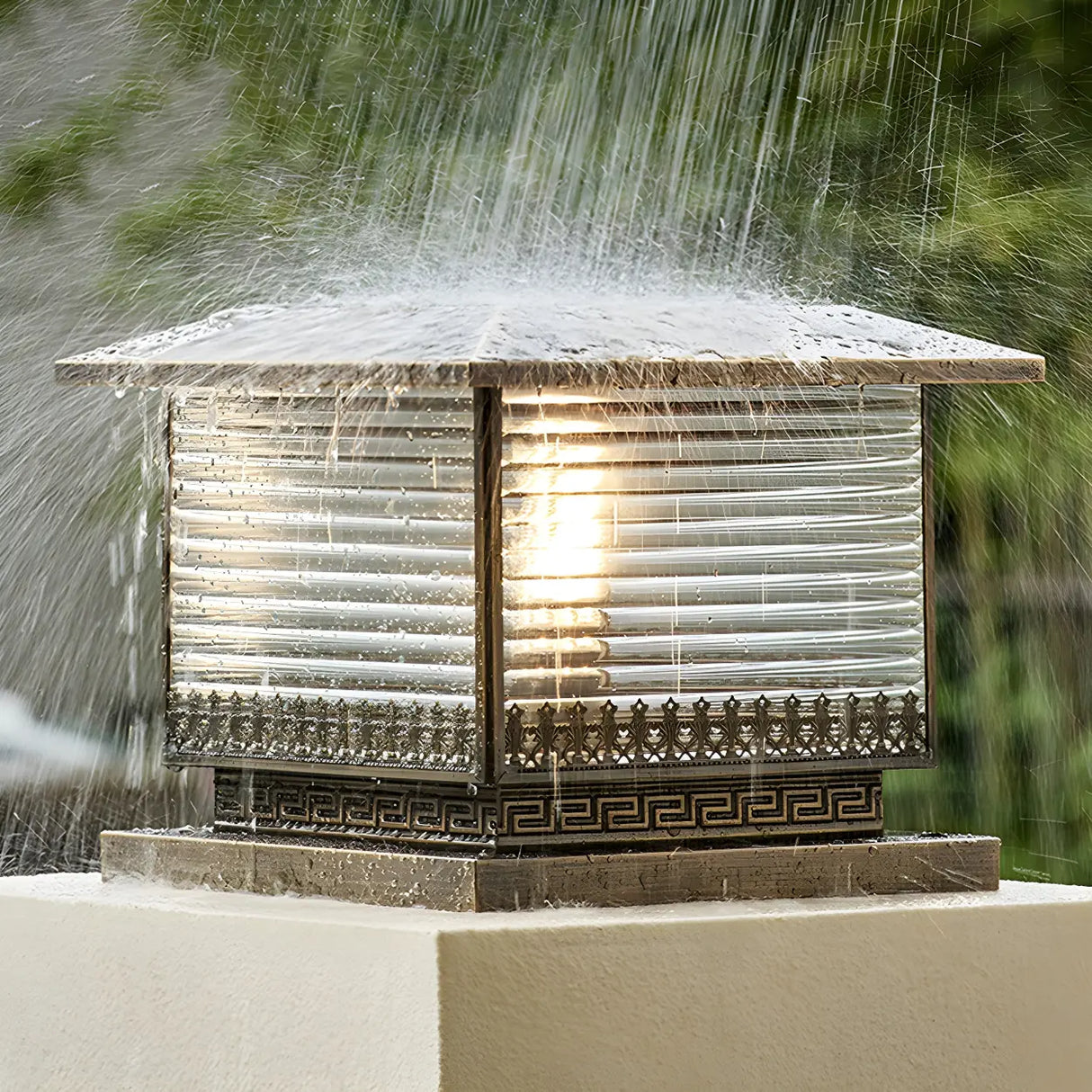 Vintage Bronze Finish Square Glass Solar Outdoor Lamp Image - 5