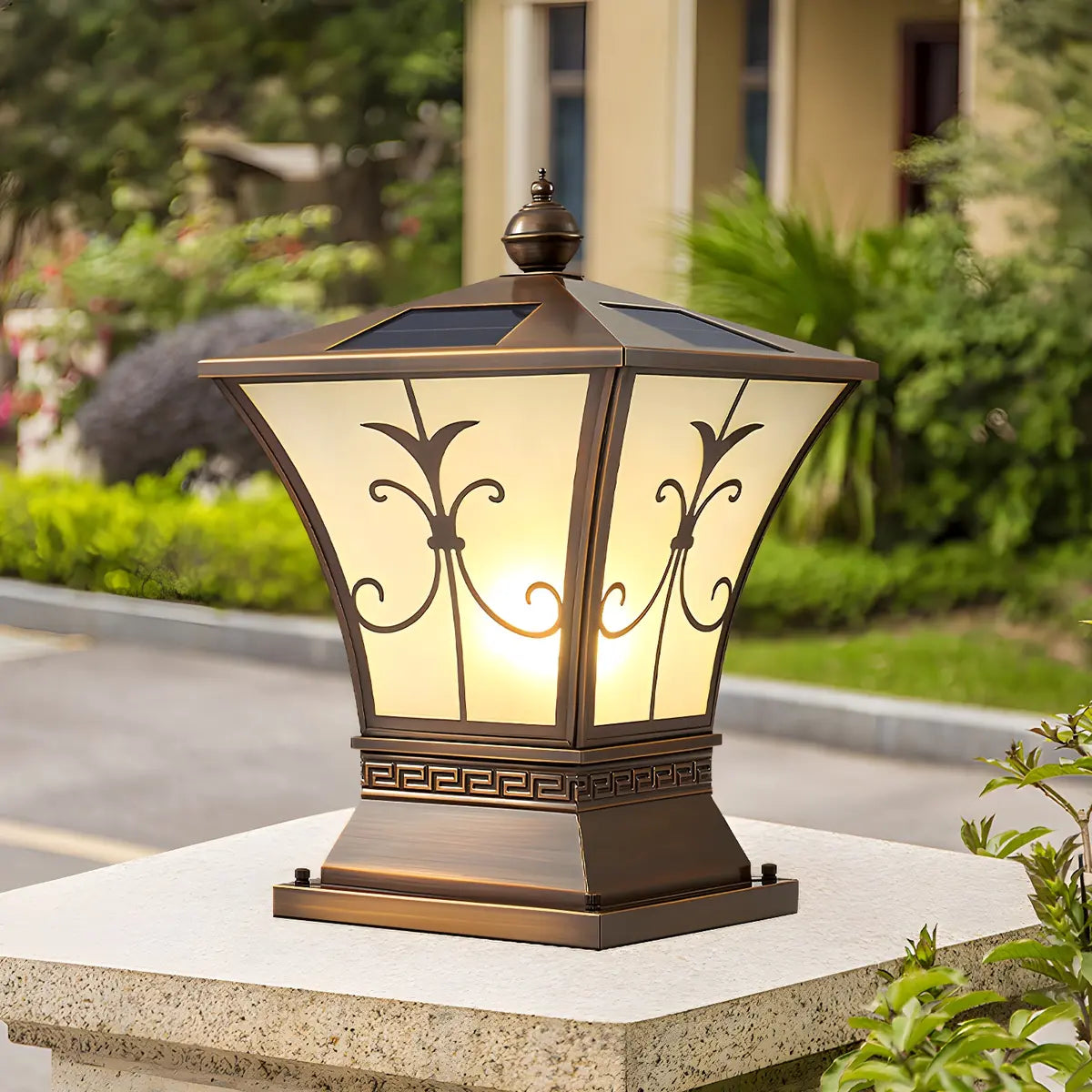 Vintage Bronze Outdoor Solar Lantern Patio Post Light Image - 1