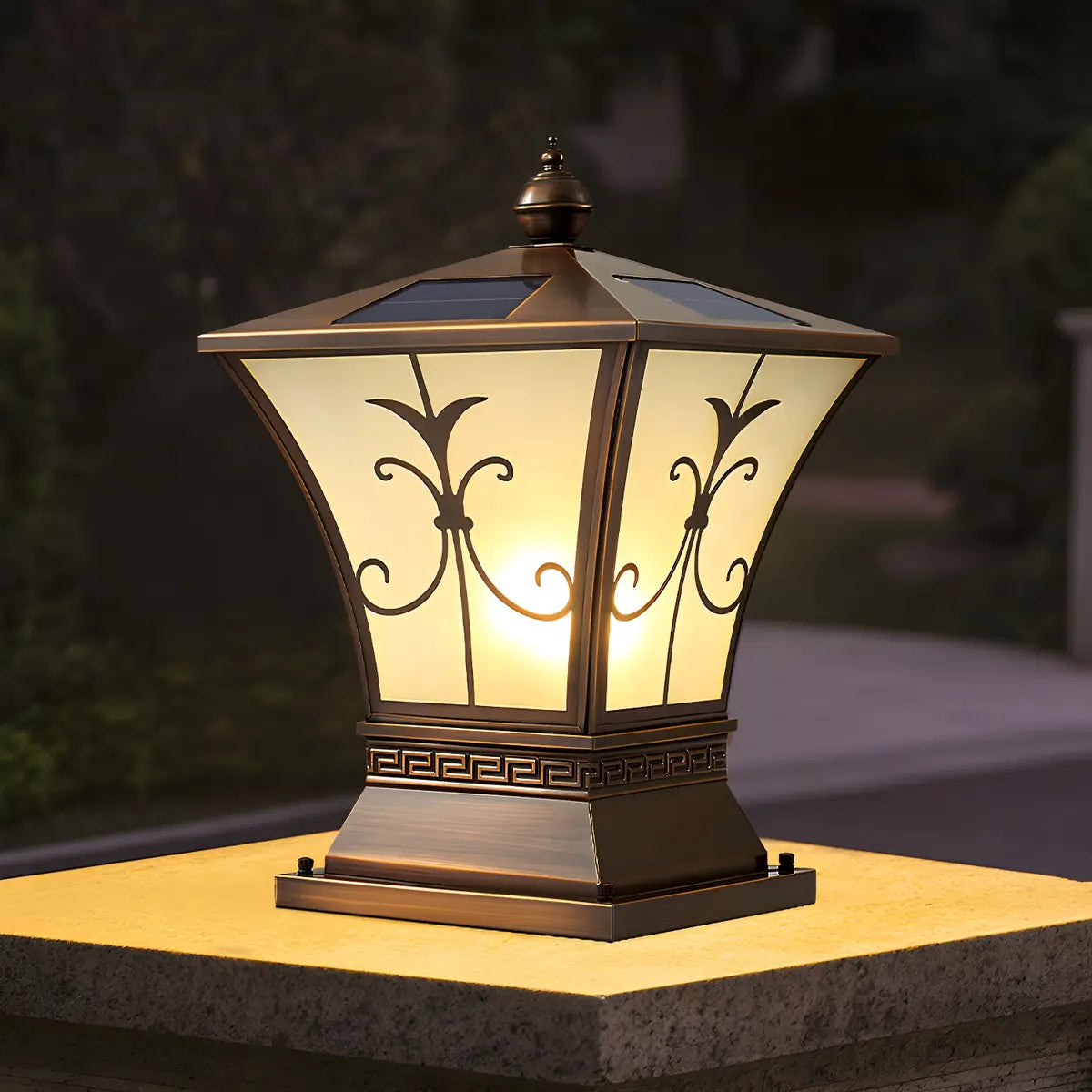 Vintage Bronze Outdoor Solar Lantern Patio Post Light Image - 11