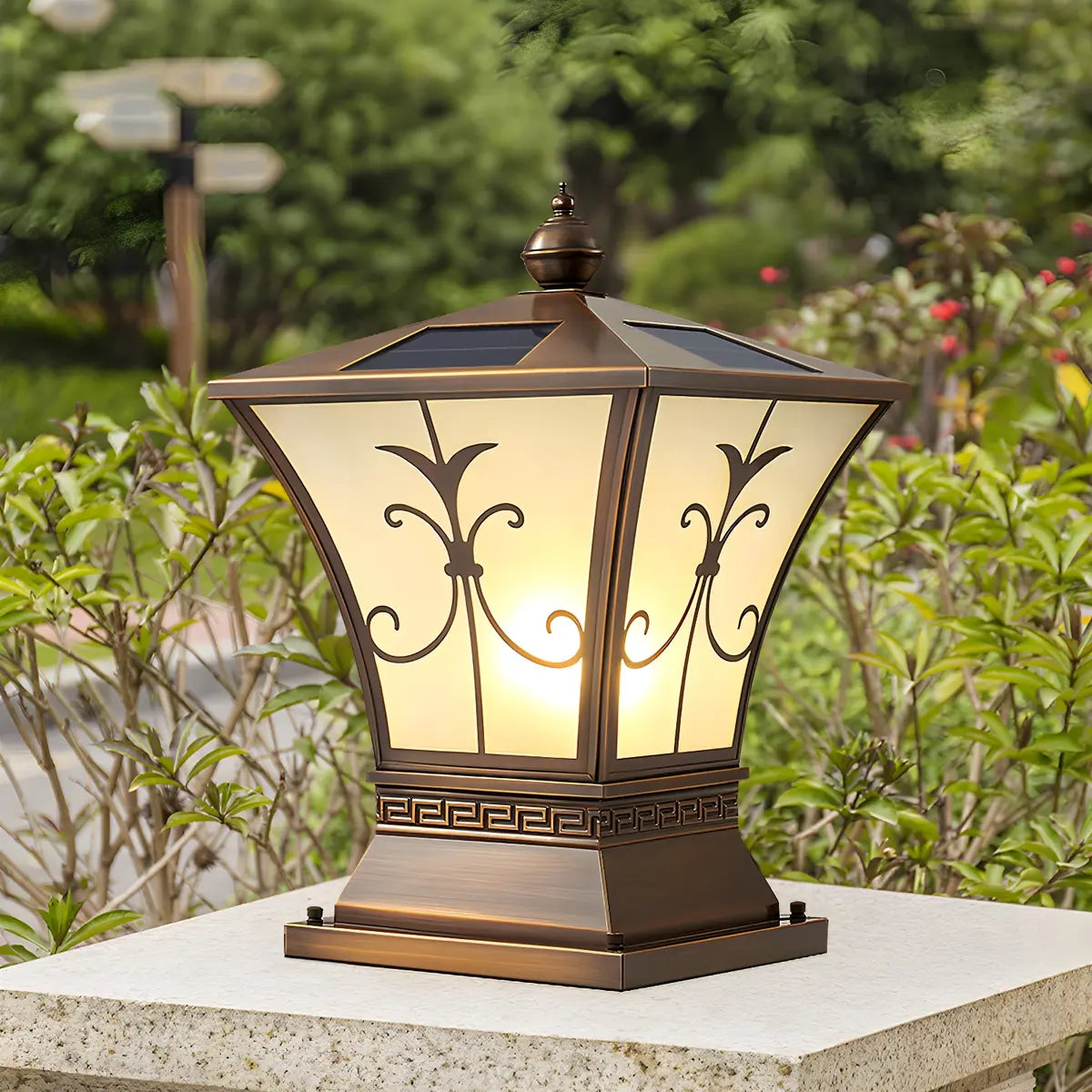 Vintage Bronze Outdoor Solar Lantern Patio Post Light Image - 12