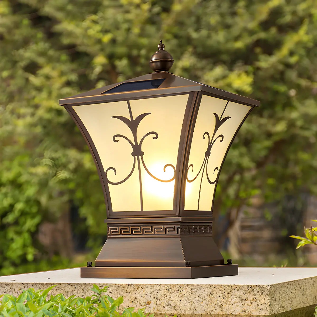 Vintage Bronze Outdoor Solar Lantern Patio Post Light Image - 13