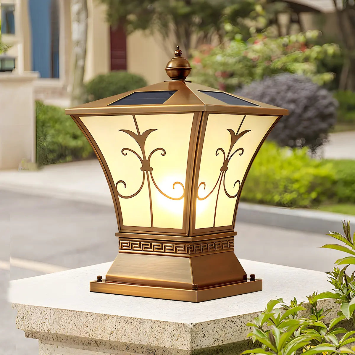 Vintage Bronze Outdoor Solar Lantern Patio Post Light Image - 2