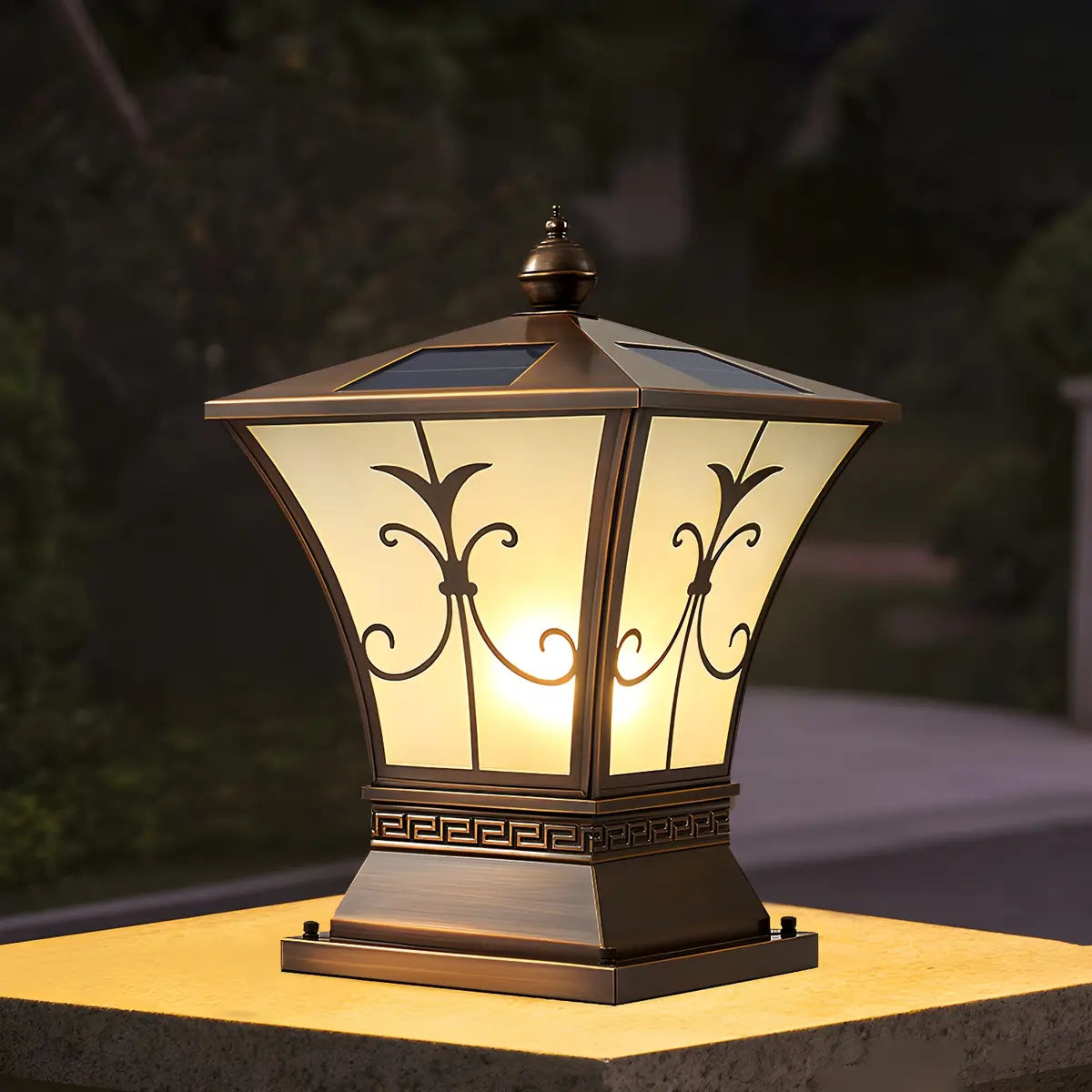 Vintage Bronze Outdoor Solar Lantern Patio Post Light Image - 3
