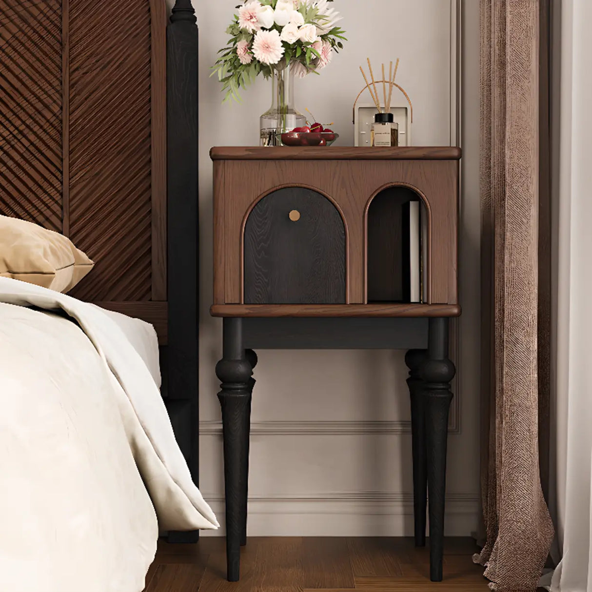 Vintage Brown High Leg Nightstand with Arch Door Drawer Image - 1