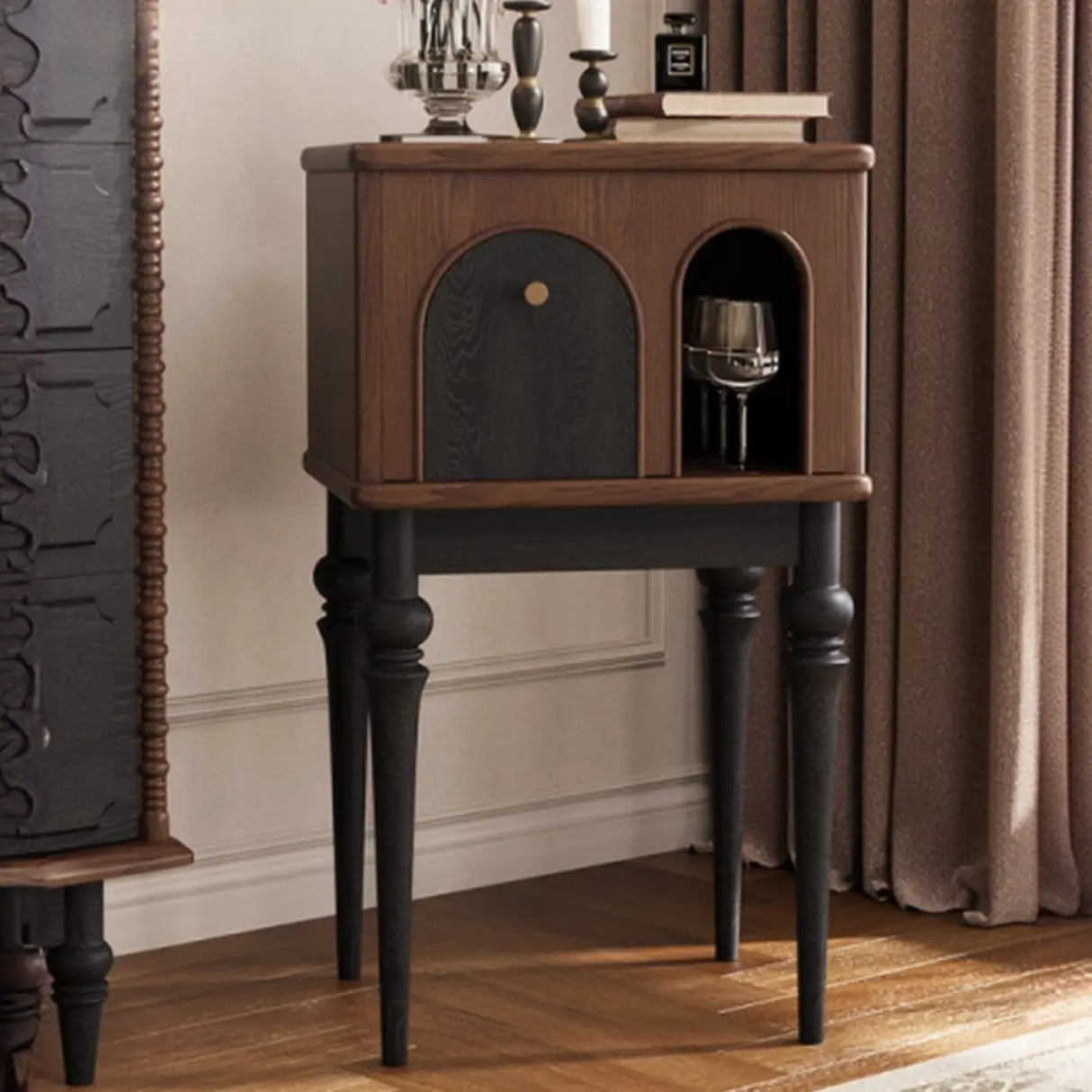 Vintage Brown High Leg Nightstand with Arch Door Drawer Image - 2